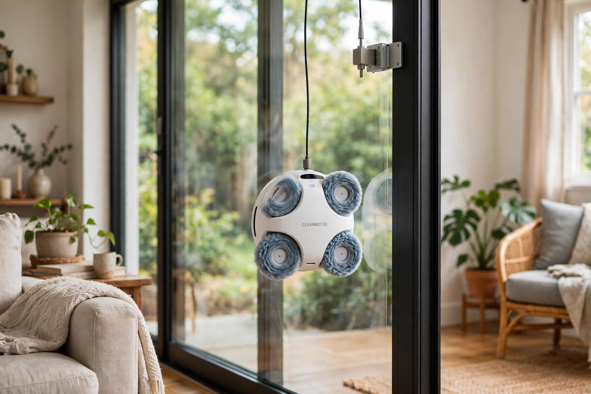 reliable window cleaning robots with free shipping: A window cleaning robot gliding across a tall living room glass panel
