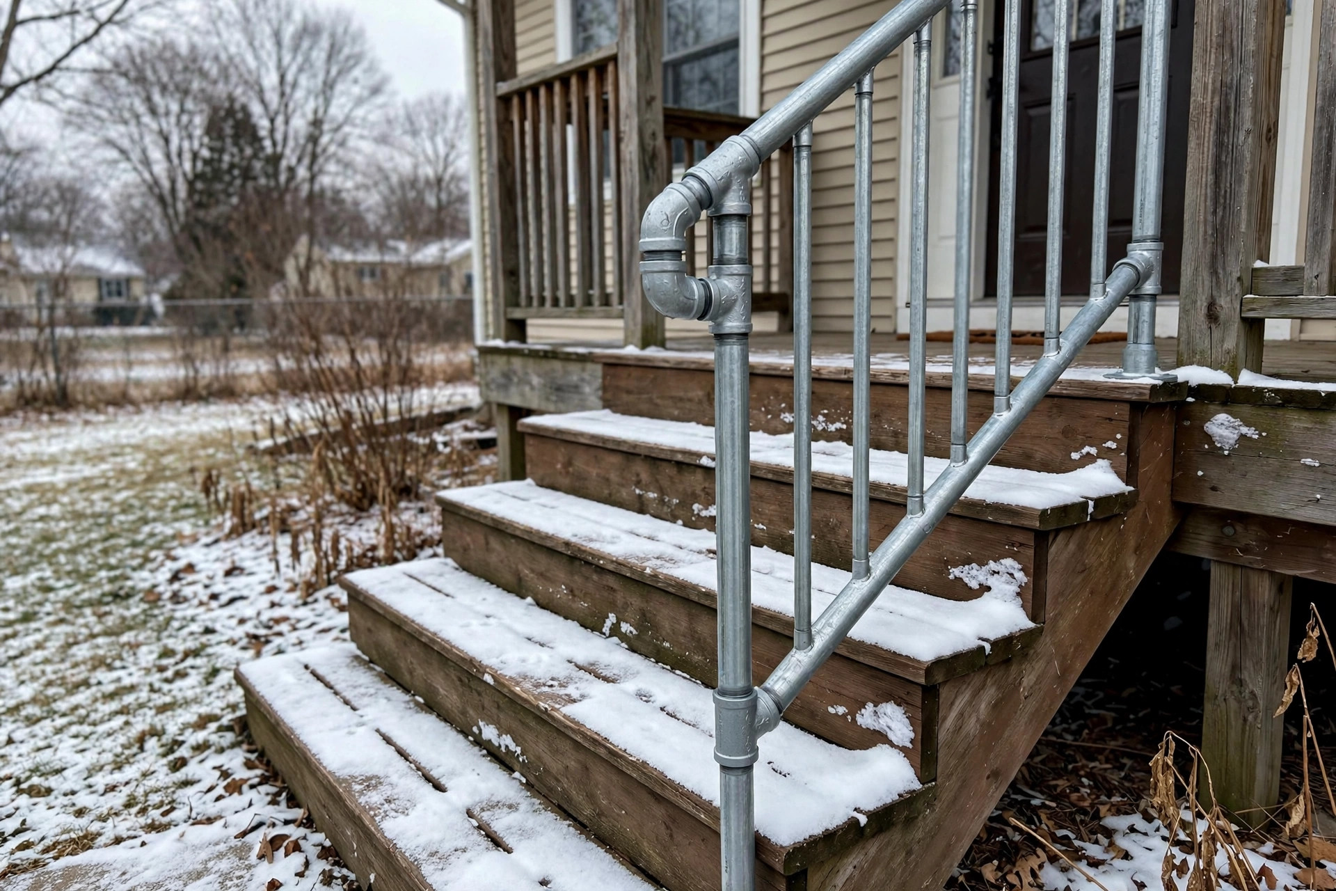 budget friendly exterior stair railings for cold climates: Metal stair railing beside wooden steps of a house in winter, light snow on the treads