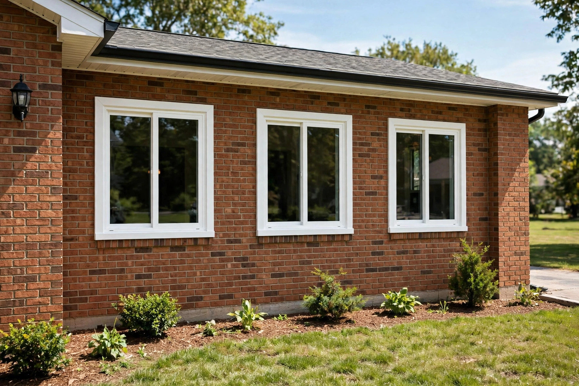 budget friendly vinyl replacement windows buying guide: New white vinyl replacement windows on a modest American home exterior