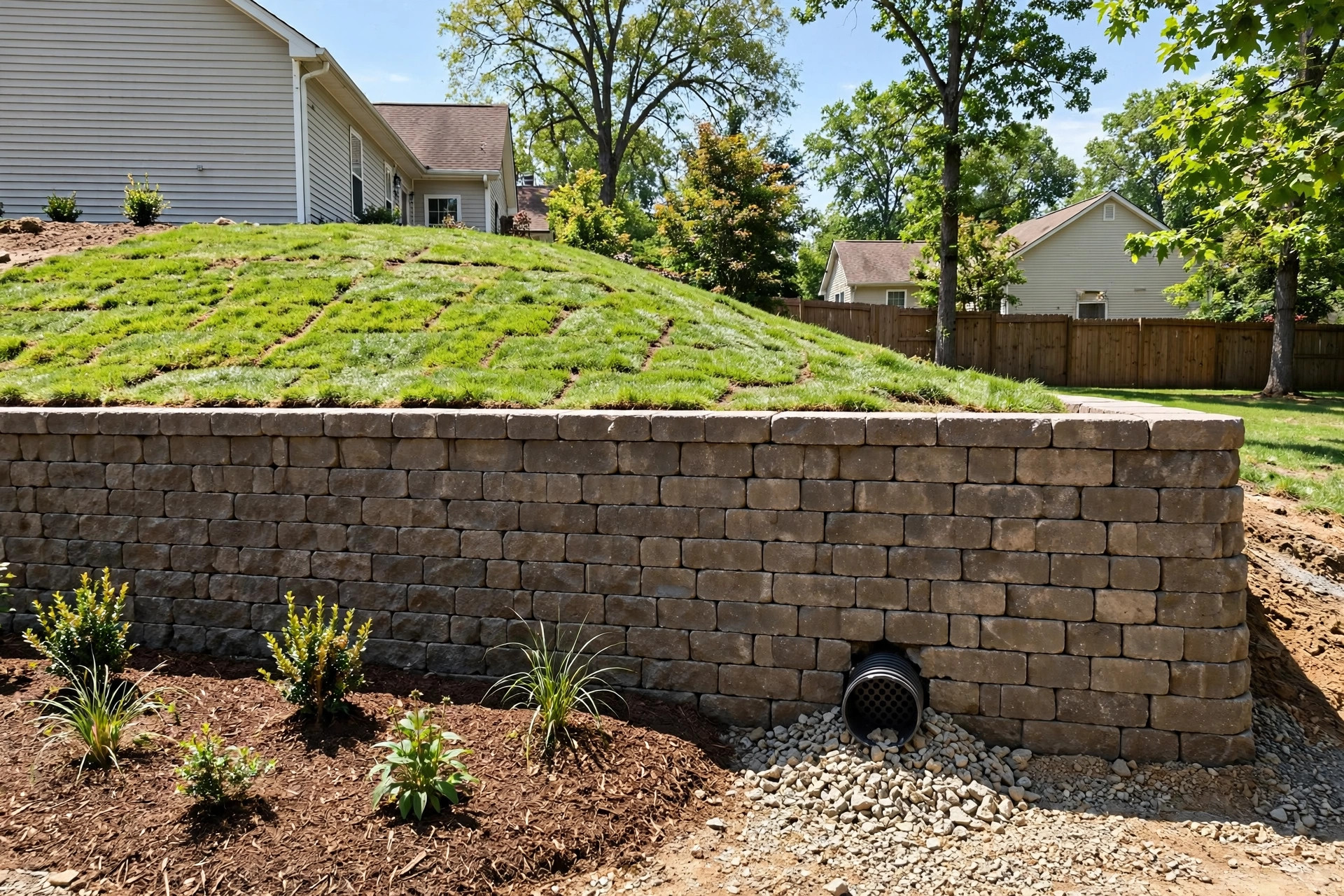 top rated retaining wall builders reviews: Stone block retaining wall in a landscaped American backyard