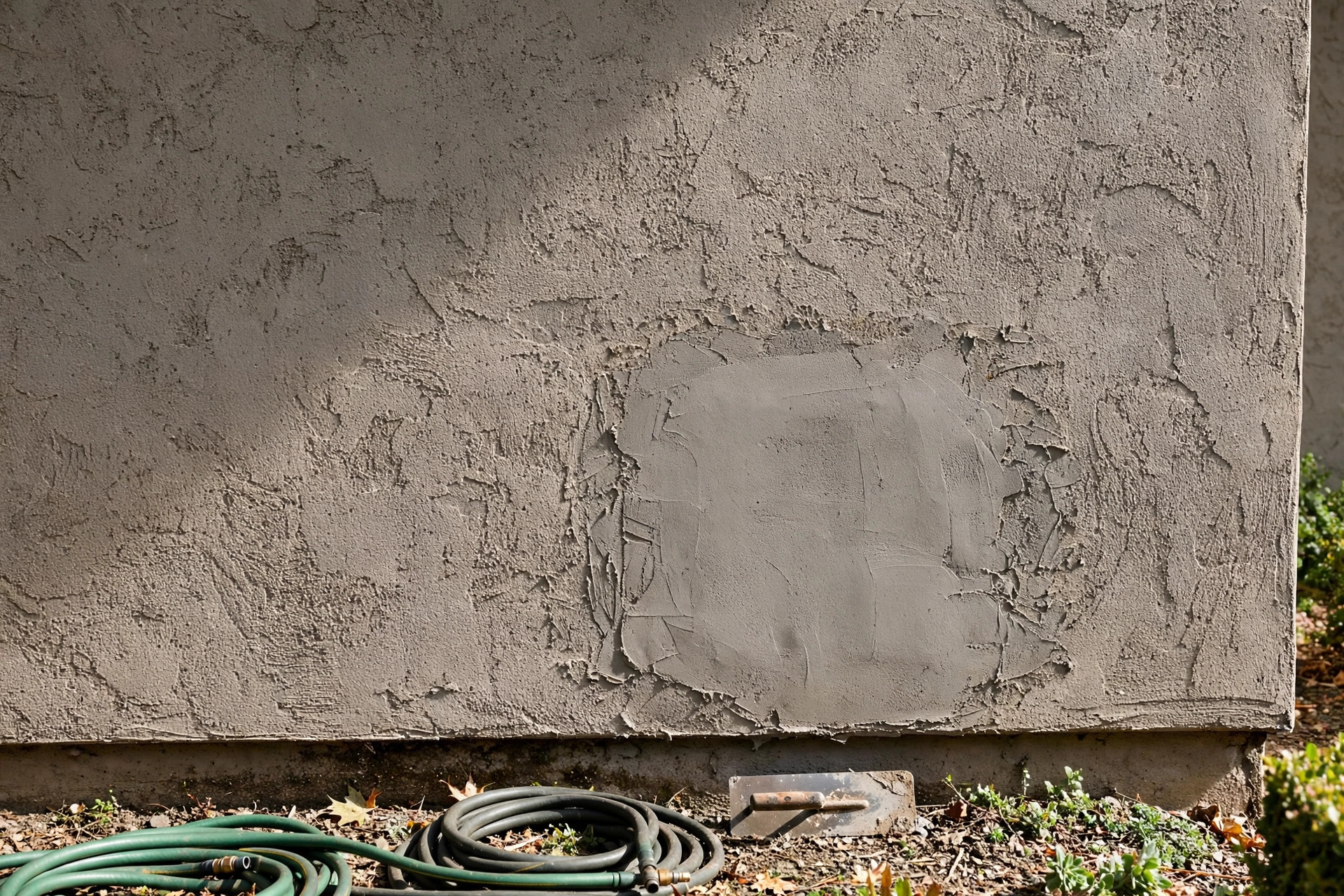 Worker patching a cracked stucco wall on an American home, stucco exterior repair cost guide usa