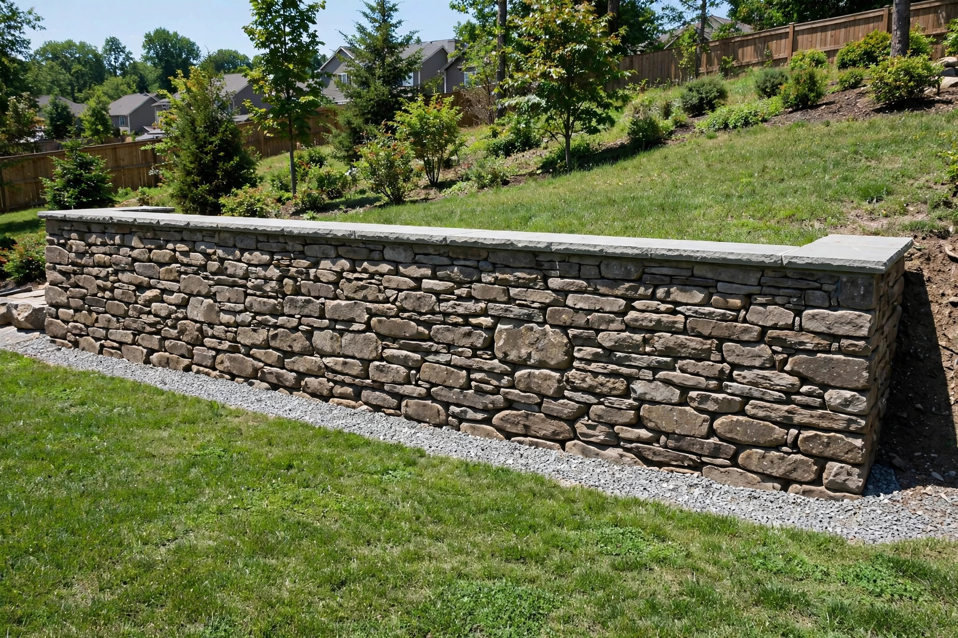 best retaining wall builders near me: Stone retaining wall holding back a sloped backyard in an American home