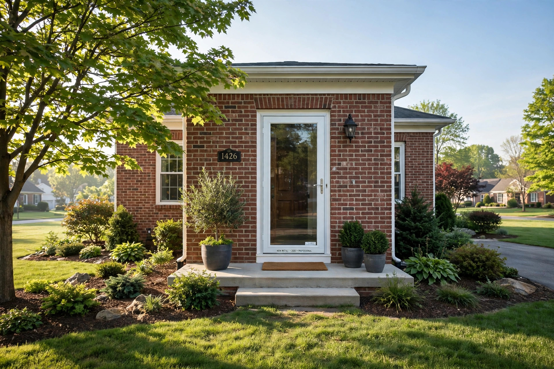 best storm door installation near me: A newly installed glass storm door on a brick home entryway