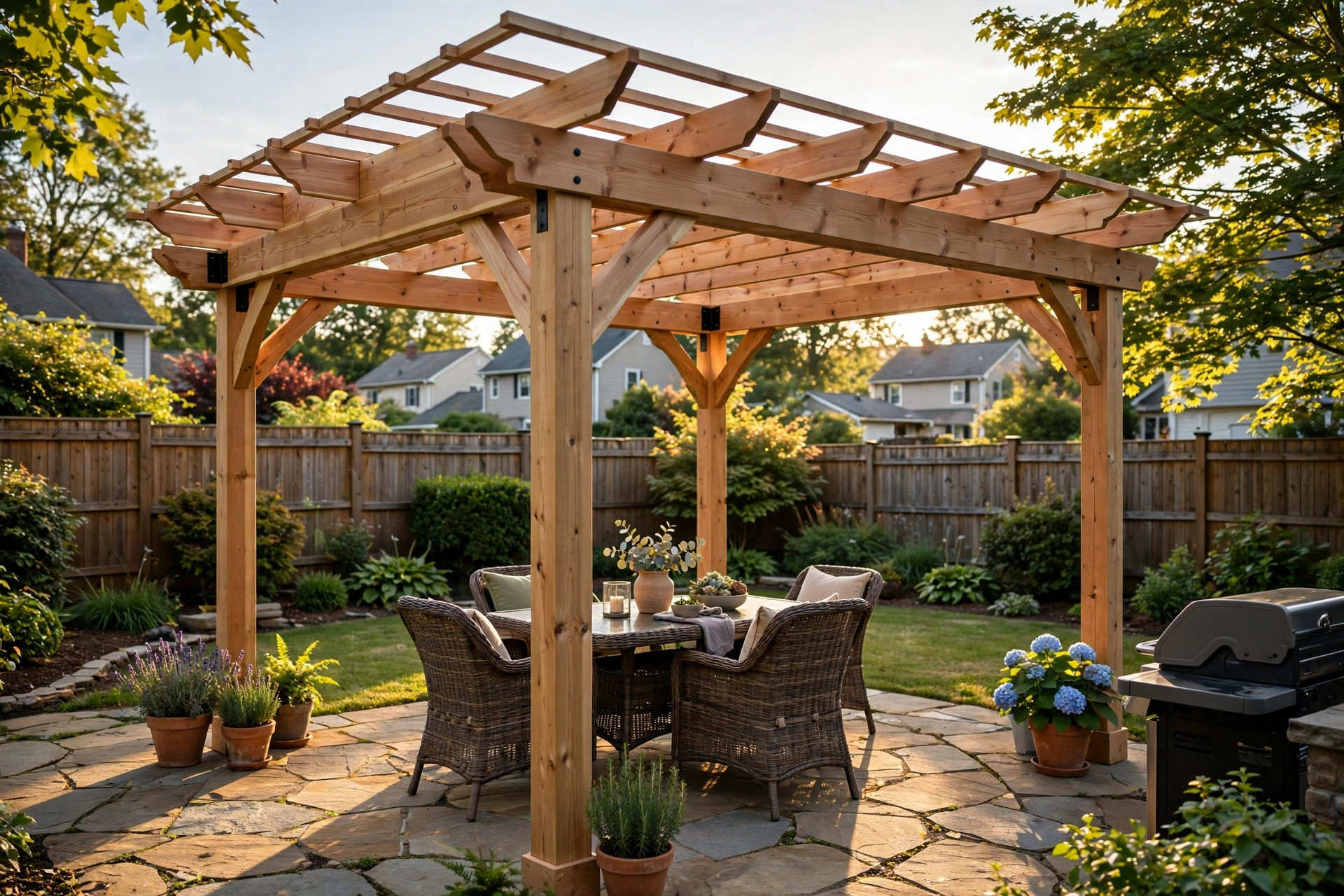 Wooden pergola kit installed over a backyard patio, pergola installation kits price comparison usa