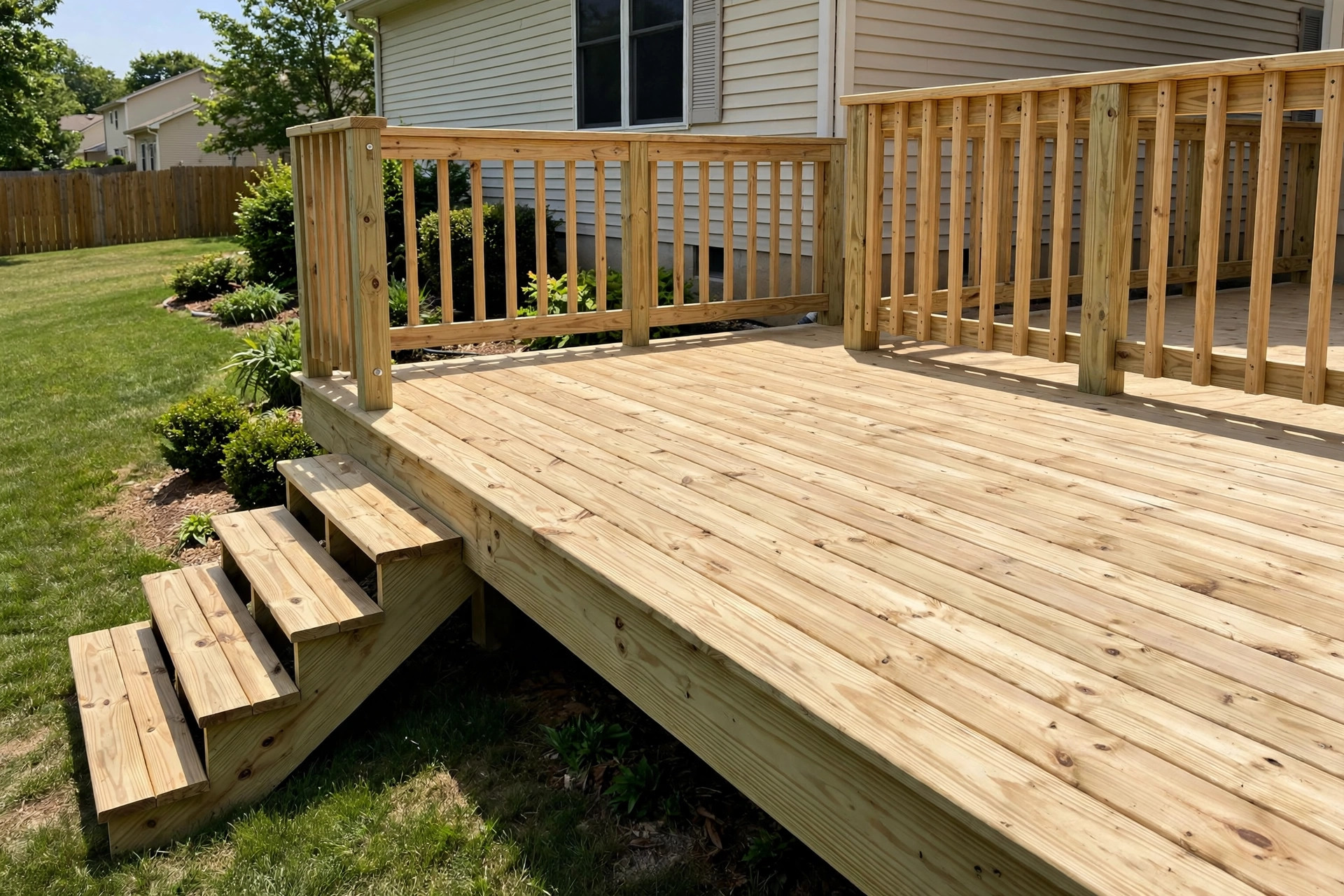 pressure treated lumber decking price comparison usa: Pressure treated lumber decking boards in an American backyard