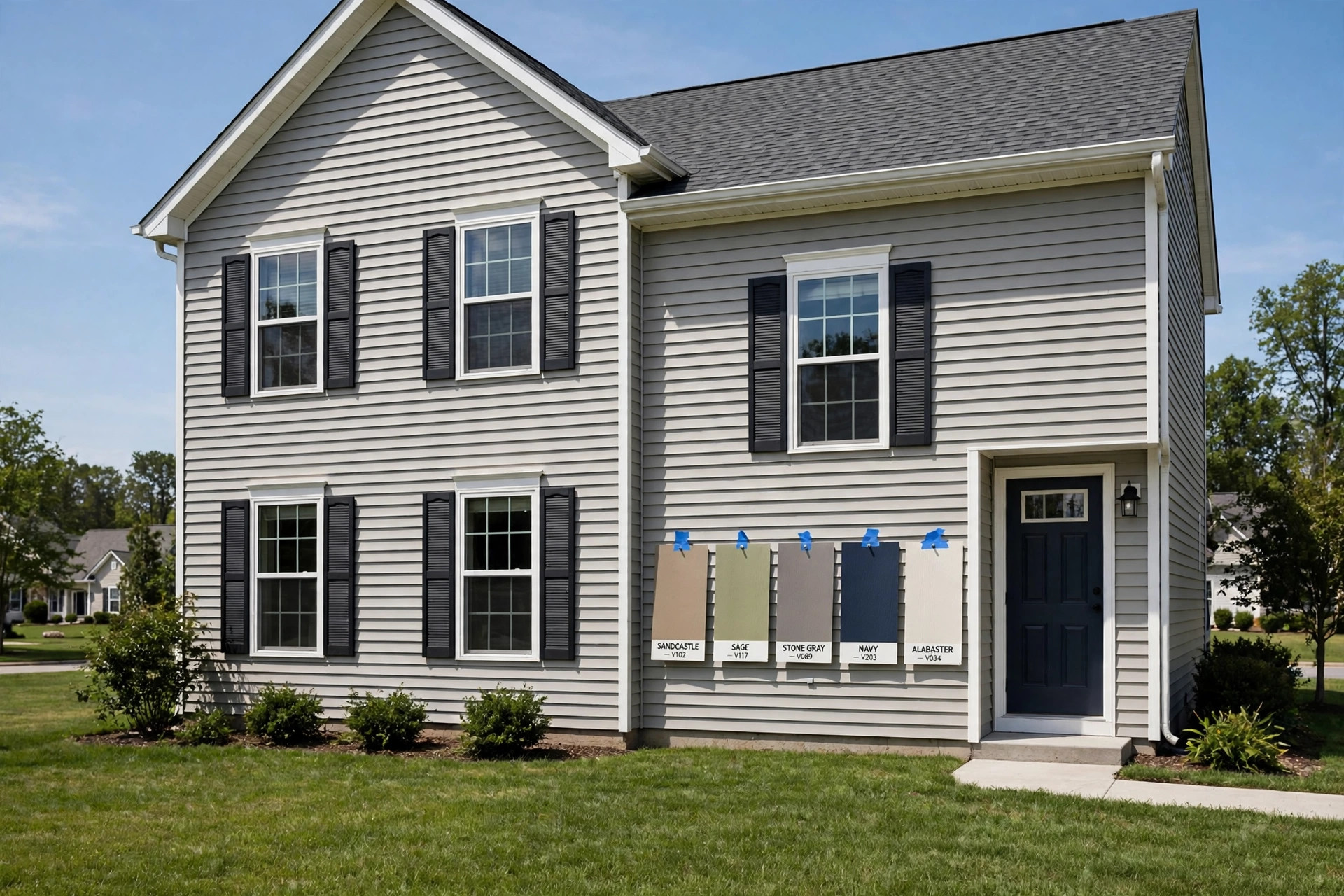 low maintenance siding color visualizer tools buying guide: Siding color samples displayed on a suburban American home