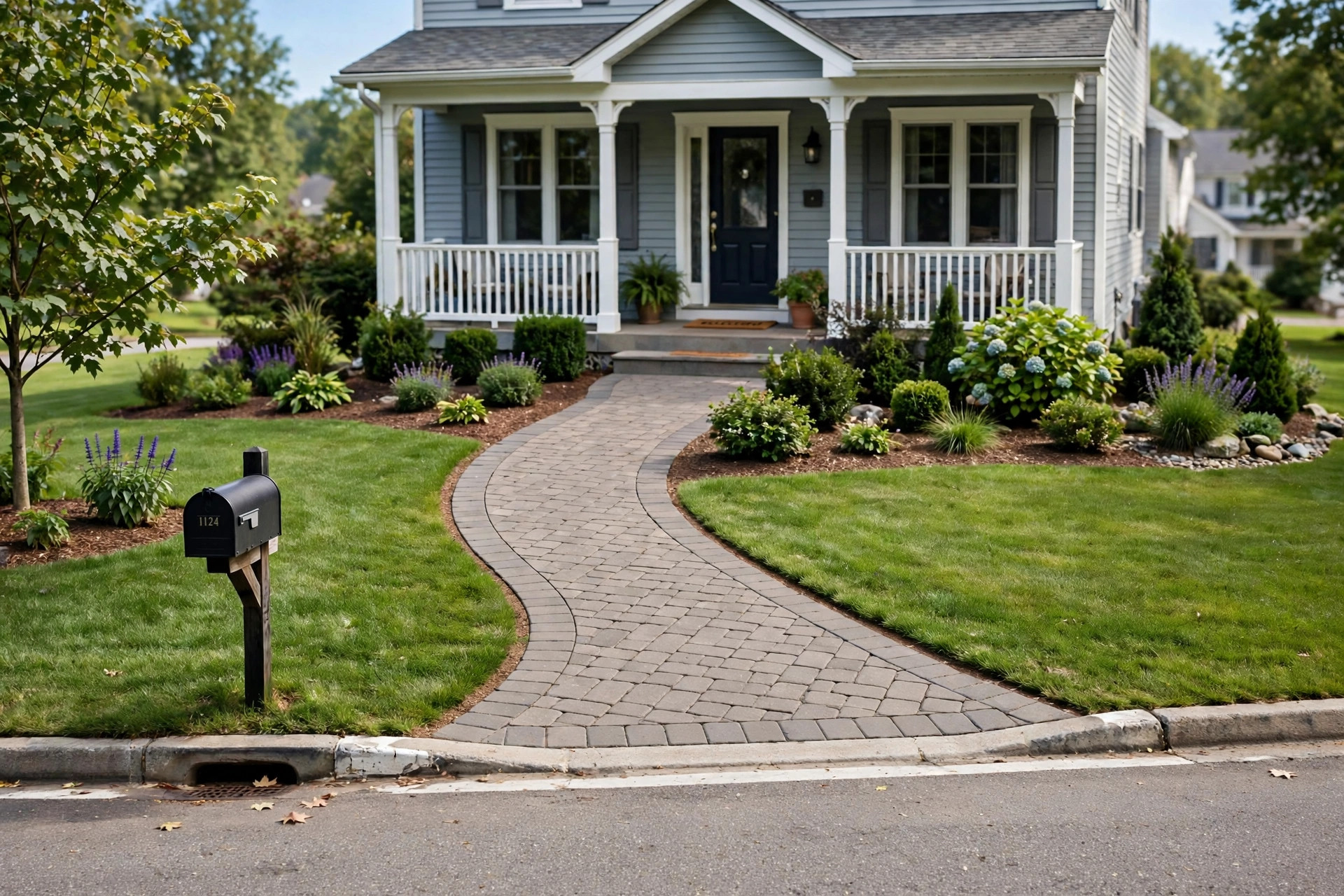 paver walkway installation cost guide usa: Paver walkway curving through a front yard in the USA