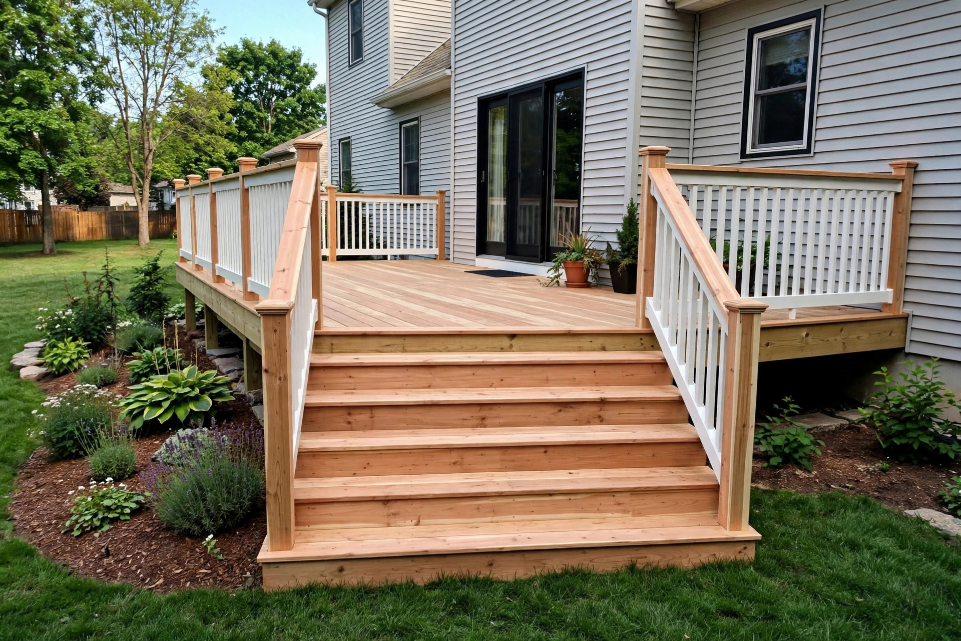 New wooden deck attached to a house, built by premium deck building contractors near me