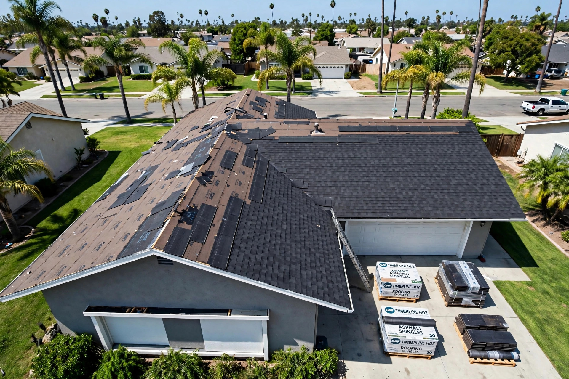 Reliable roof replacement contractors in California working on a suburban home