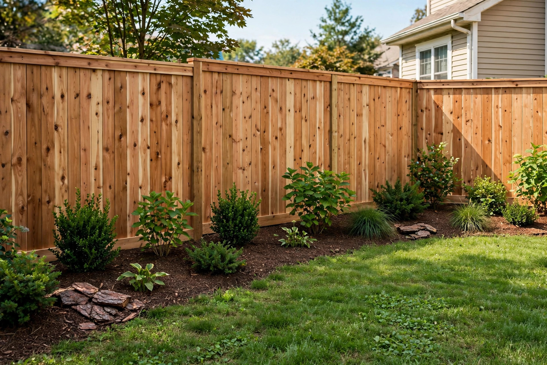 reliable fence installation contractors in the usa: A wooden privacy fence around a suburban American backyard