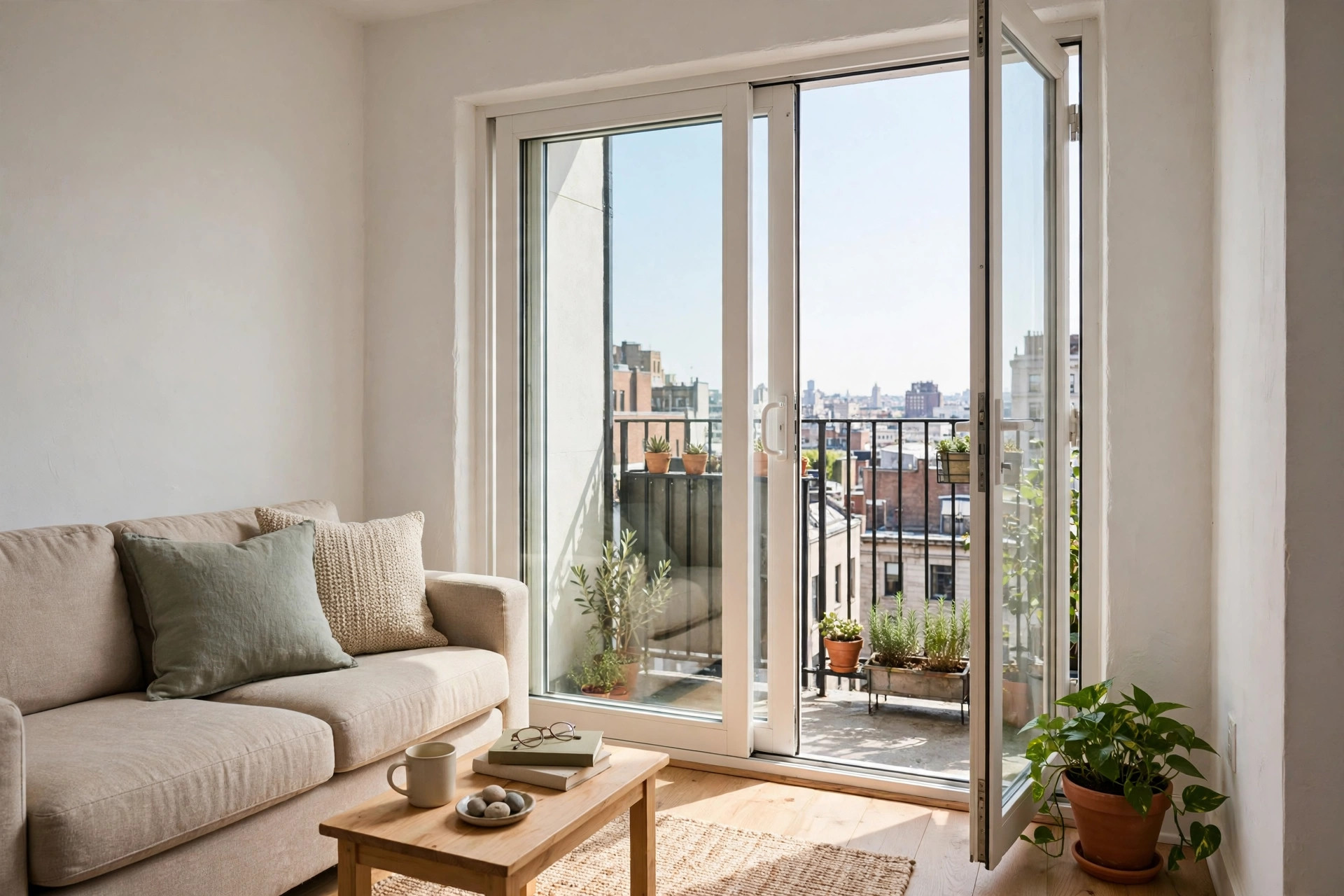 best sliding patio doors for small apartments: White-framed sliding glass patio doors in a small apartment living room opening to a city balcony