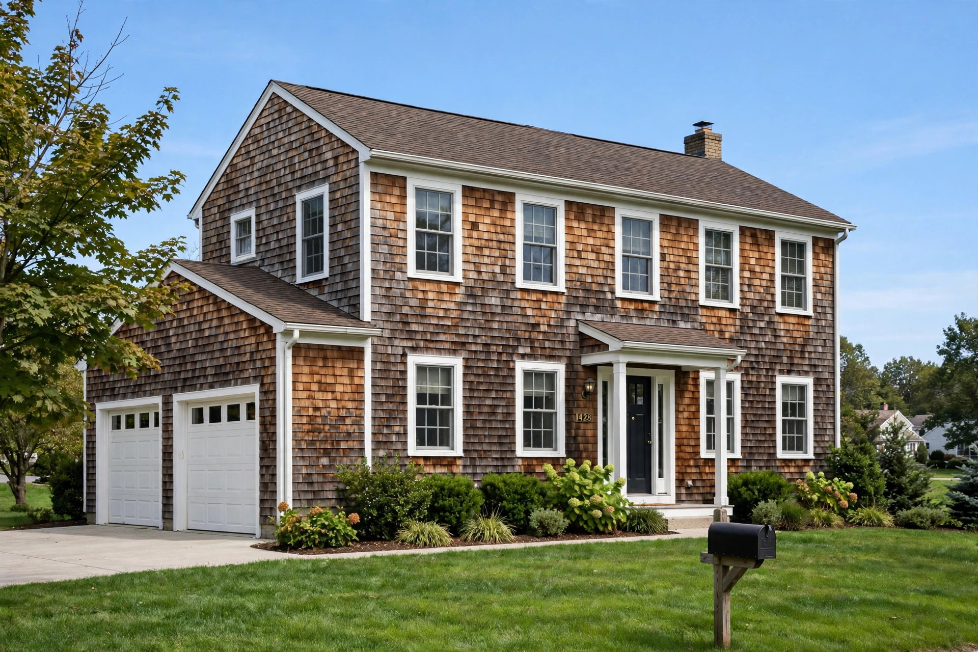 energy efficient cedar shake siding with free shipping: Cedar shake siding on a two-story American home