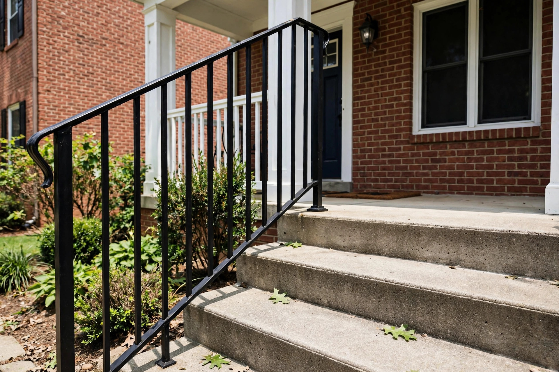 exterior stair railings reviews and buying guide: Exterior stair railings on the front steps of an American home