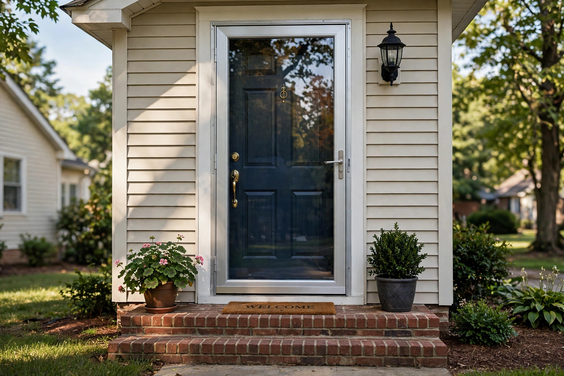 storm door installation cost guide usa: Newly installed storm door on an American home front entry