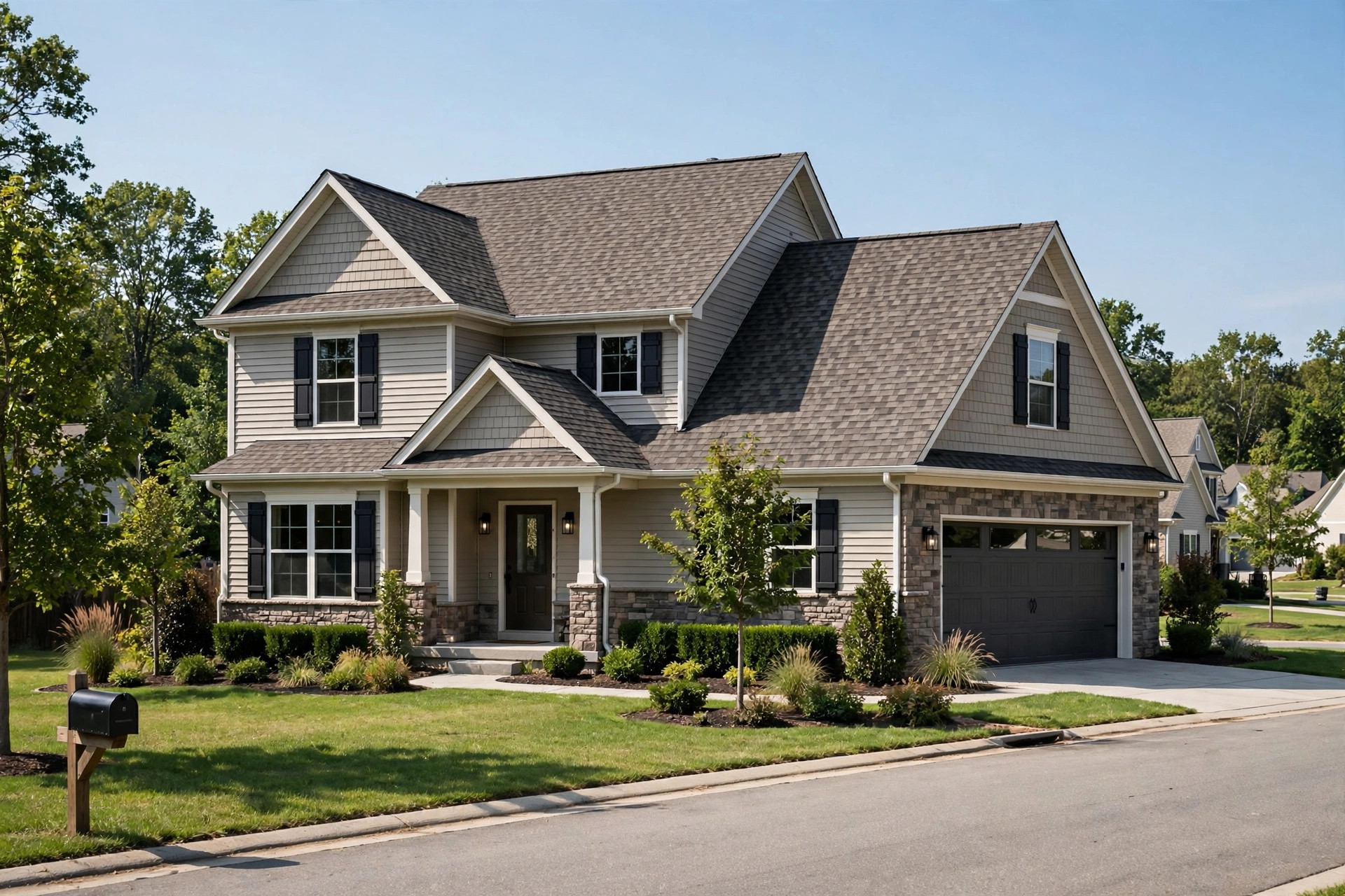 Premium asphalt shingle roofing for sale on a new suburban home