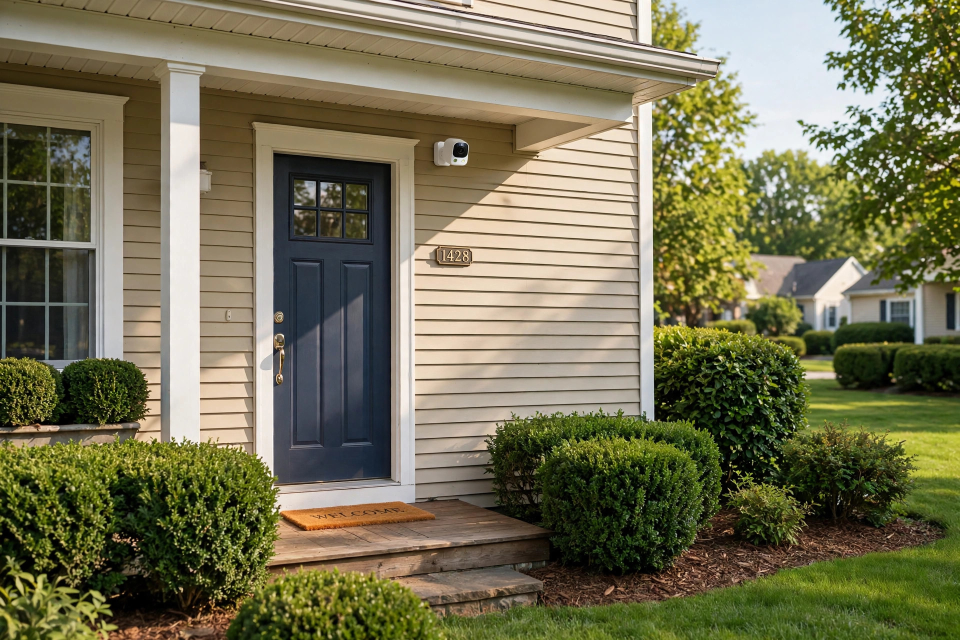 A mounted security camera above the front door of an American home for those who buy outdoor security cameras online in the usa