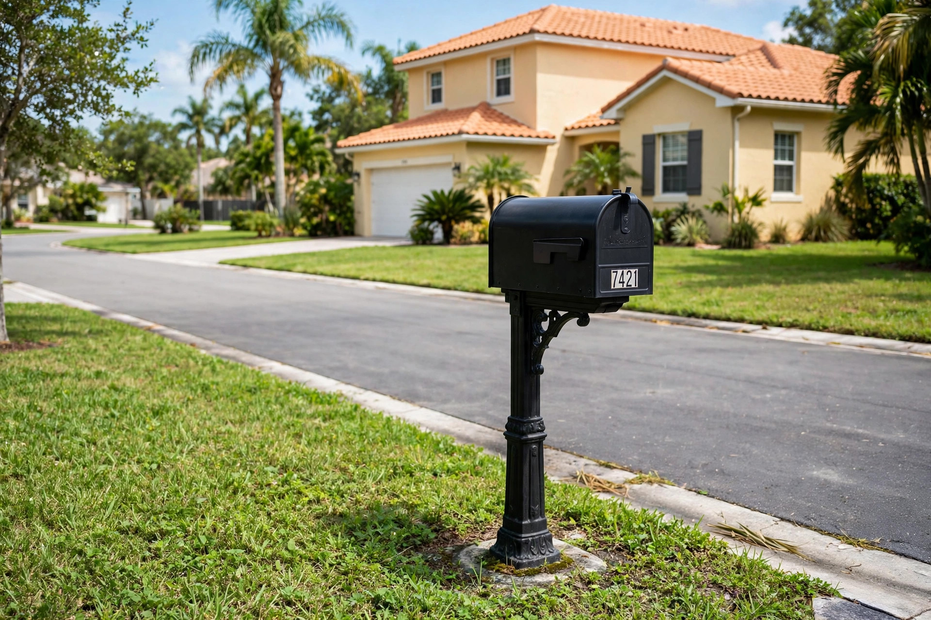 buy mailbox posts online in florida: Mailbox post beside a suburban street in Florida