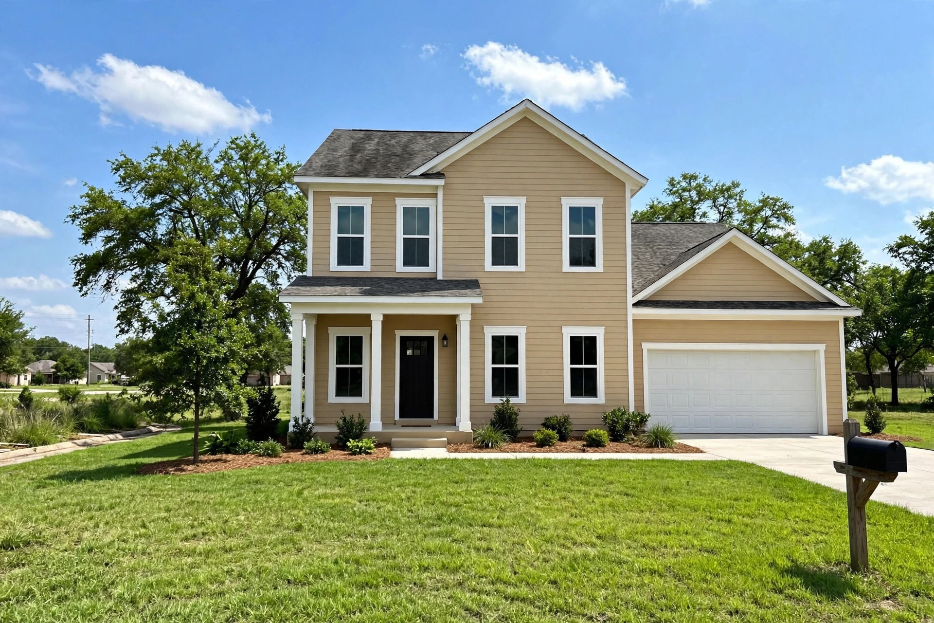 reliable exterior house painting services in texas: A freshly painted two-story house exterior in warm beige with white trim, Texas suburban yard