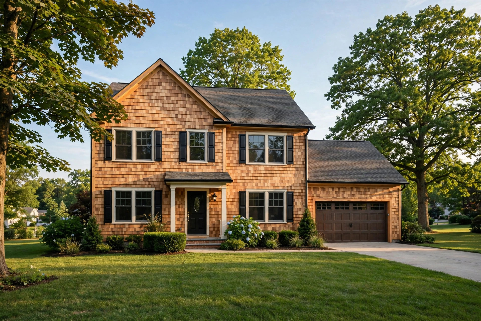 New cedar wood siding on an American home, featured in top rated wood siding replacement reviews