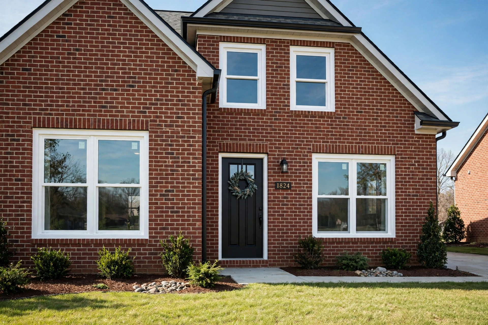 best replacement window installation near me: New replacement windows installed on a brick American home