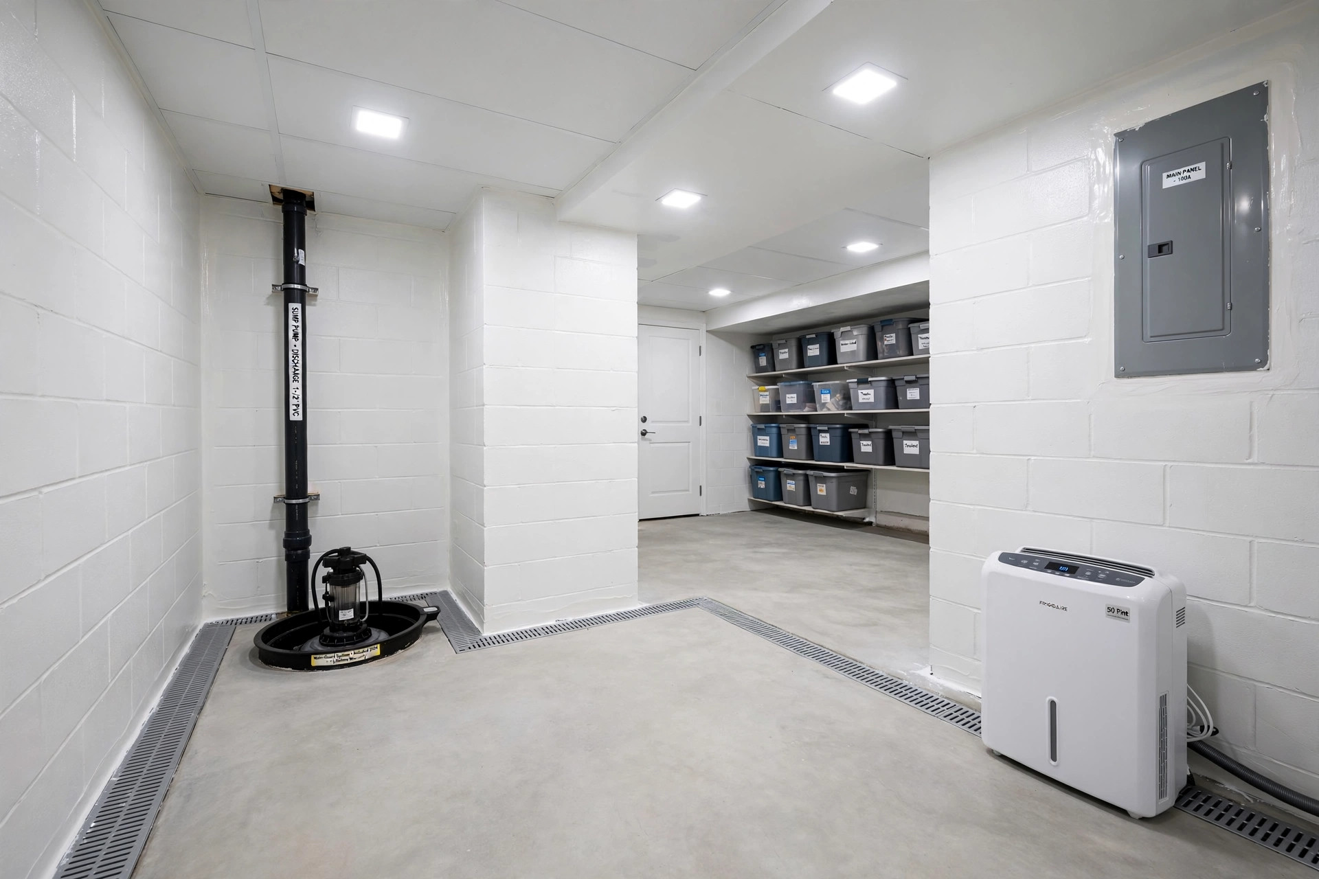 top rated basement waterproofing services reviews: Dry, newly sealed basement walls with an interior drainage system along the floor