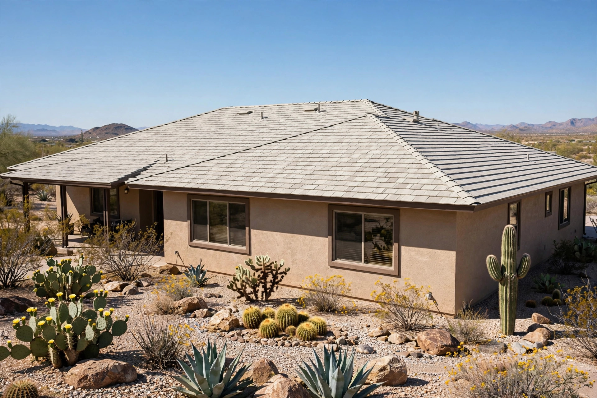 where to buy asphalt shingle roofing in arizona: Asphalt shingle roof on a ranch-style home in Arizona under a clear sky