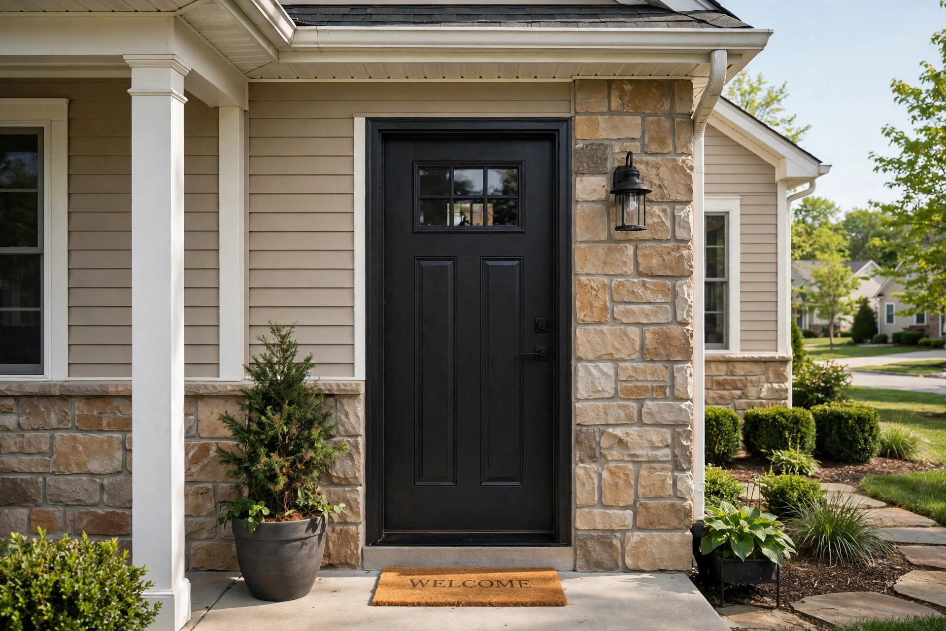 exterior door replacement cost guide usa: New exterior entry door installed on an American suburban home