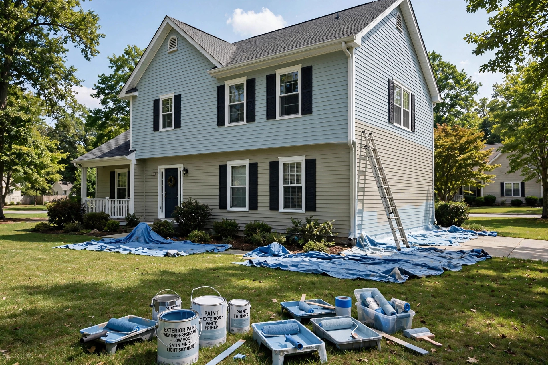 Weather resistant exterior house painting services for homeowners painting a suburban house