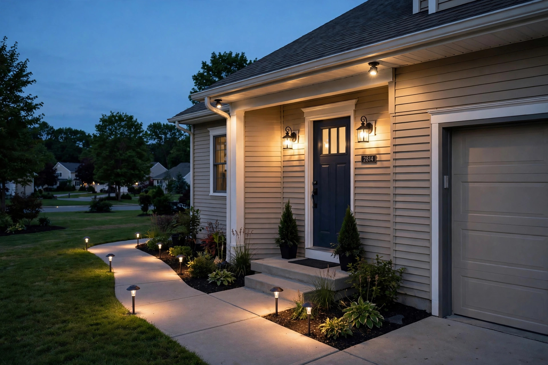energy efficient exterior lighting fixtures buying guide: Energy efficient exterior lighting fixtures on a home at dusk