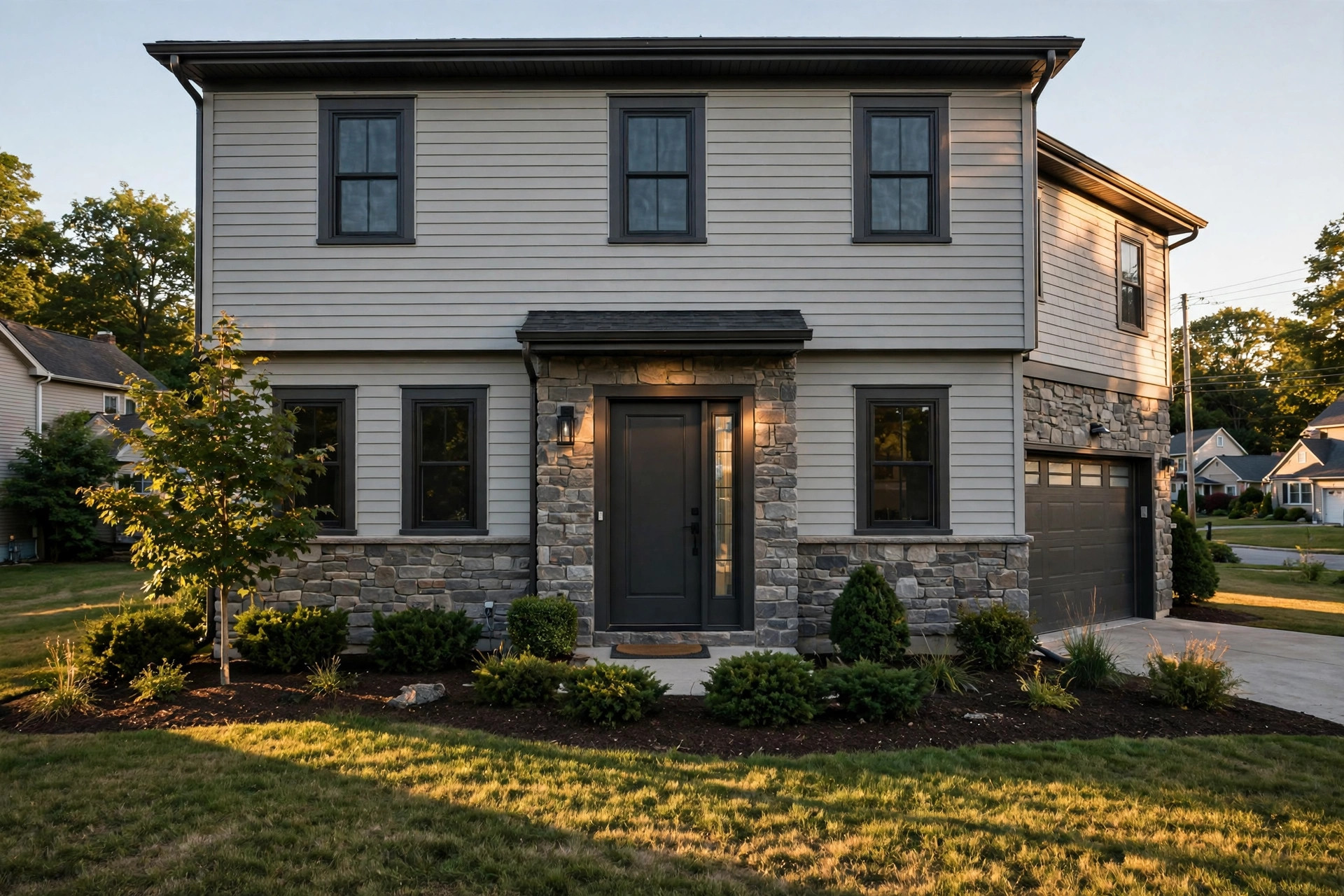 low maintenance home exterior design services near me: Low maintenance home exterior design with fiber cement siding and stone veneer