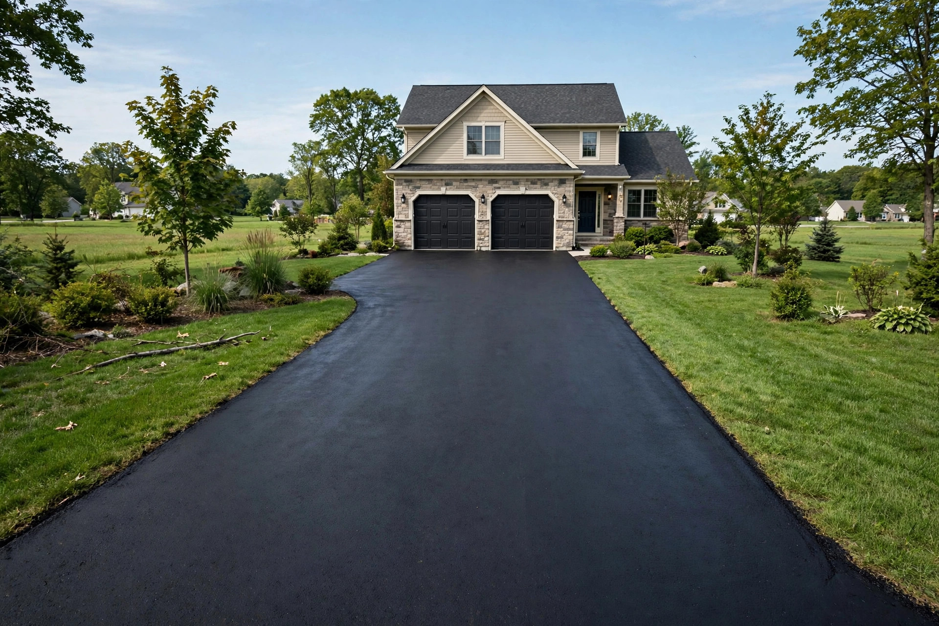 affordable asphalt driveway sealing near me: Freshly sealed asphalt driveway in front of a suburban American home