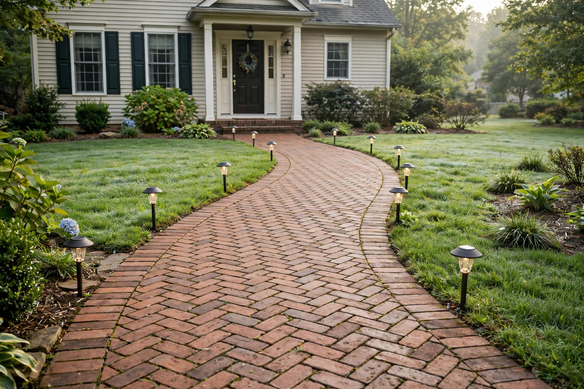 best paver walkway installation near me: Brick paver walkway leading to an American home front door