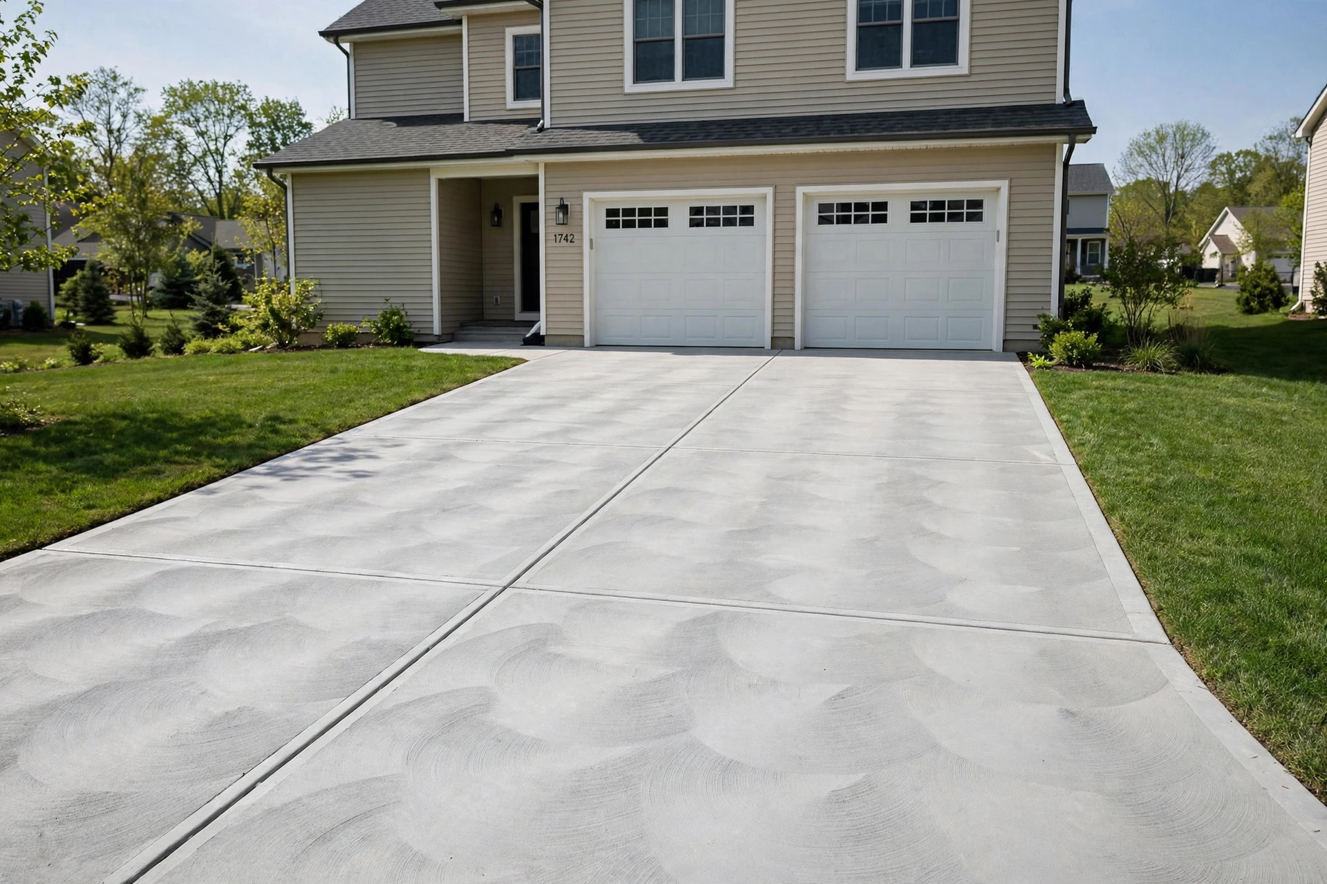 durable concrete driveway resurfacing near me: Freshly resurfaced concrete driveway in front of an American home
