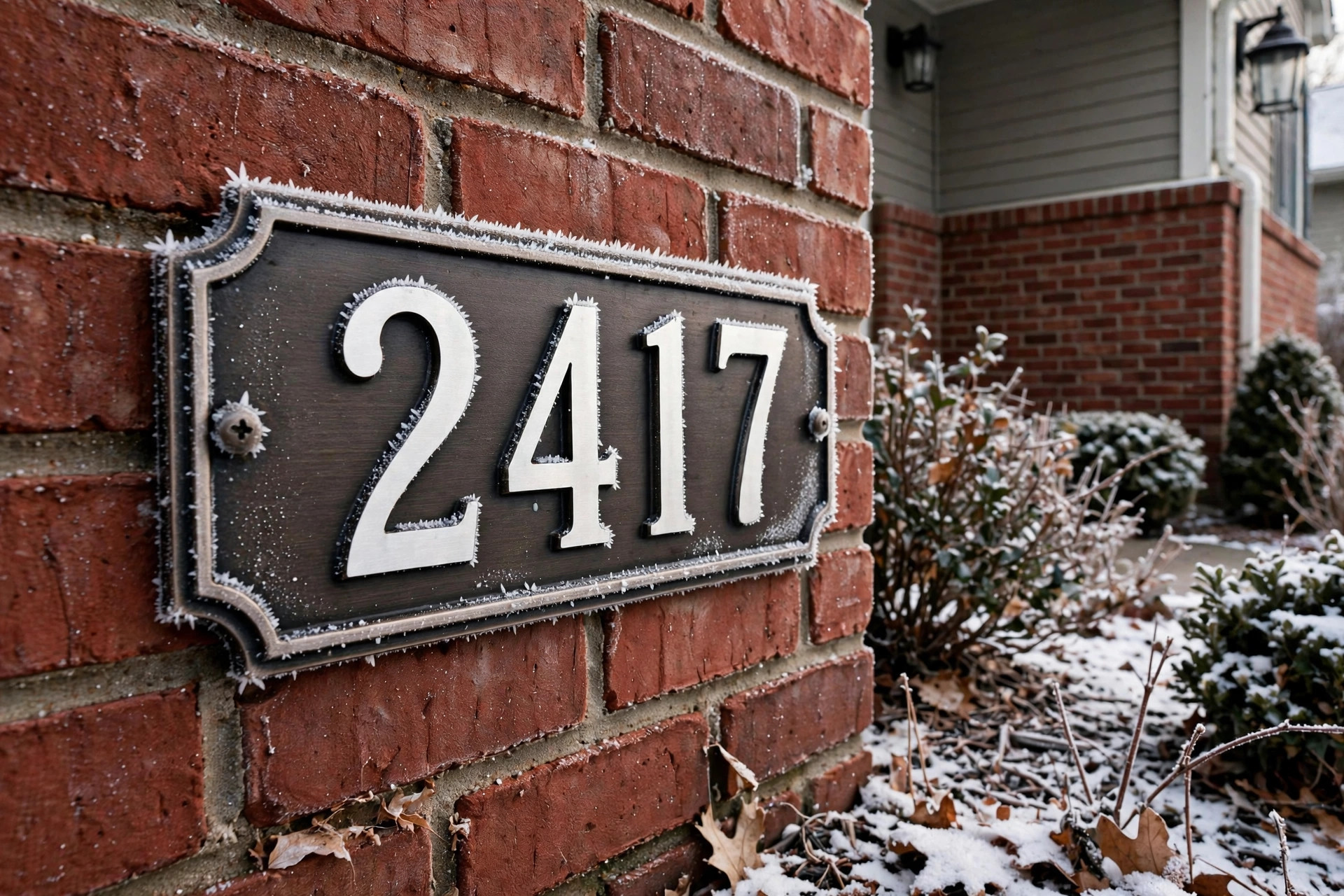 premium house number plaques for cold climates: Premium house number plaque mounted on a snow-covered home exterior