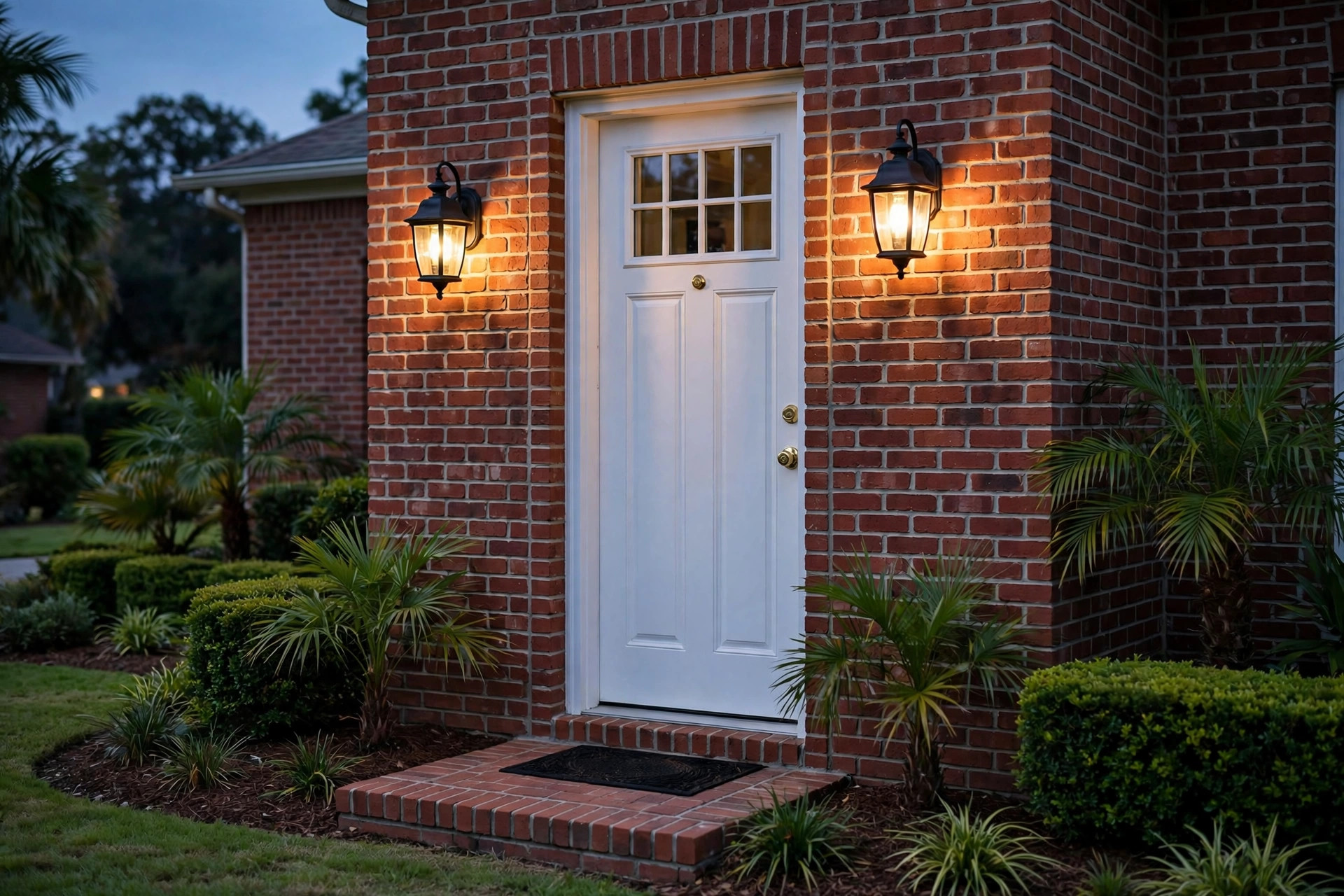 top rated outdoor wall lanterns for southern states: Black outdoor wall lanterns flanking a front door on a brick home