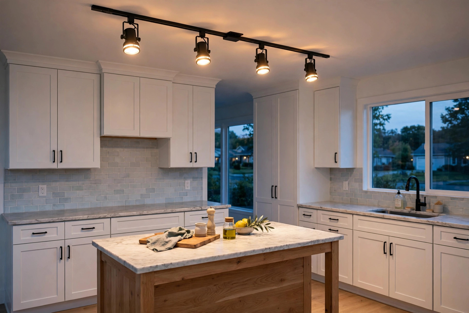 kitchen track lighting buying guide usa: Kitchen track lighting fixtures glowing over a kitchen island