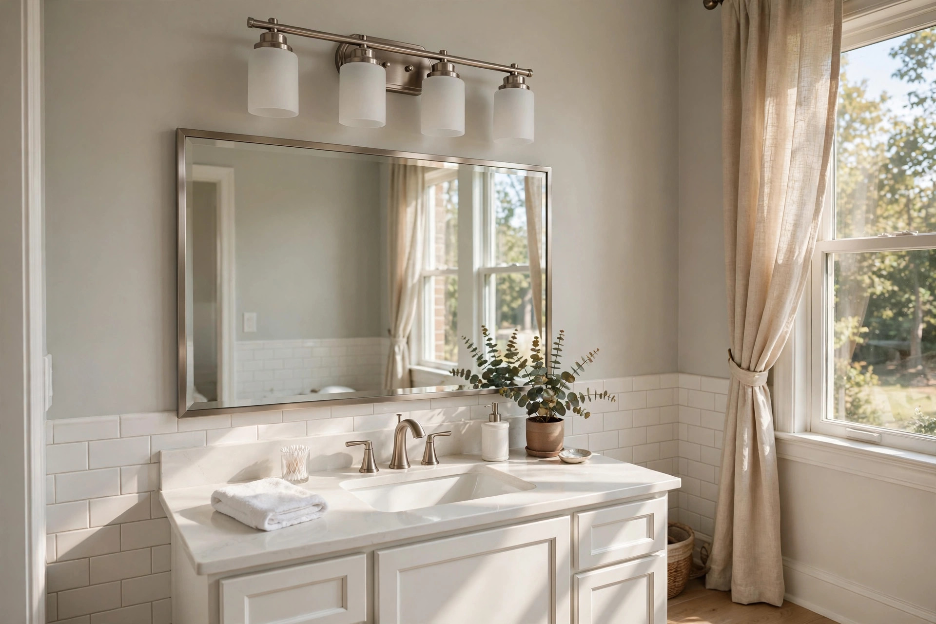 vanity light bars buying guide usa: Vanity light bar above a bathroom mirror