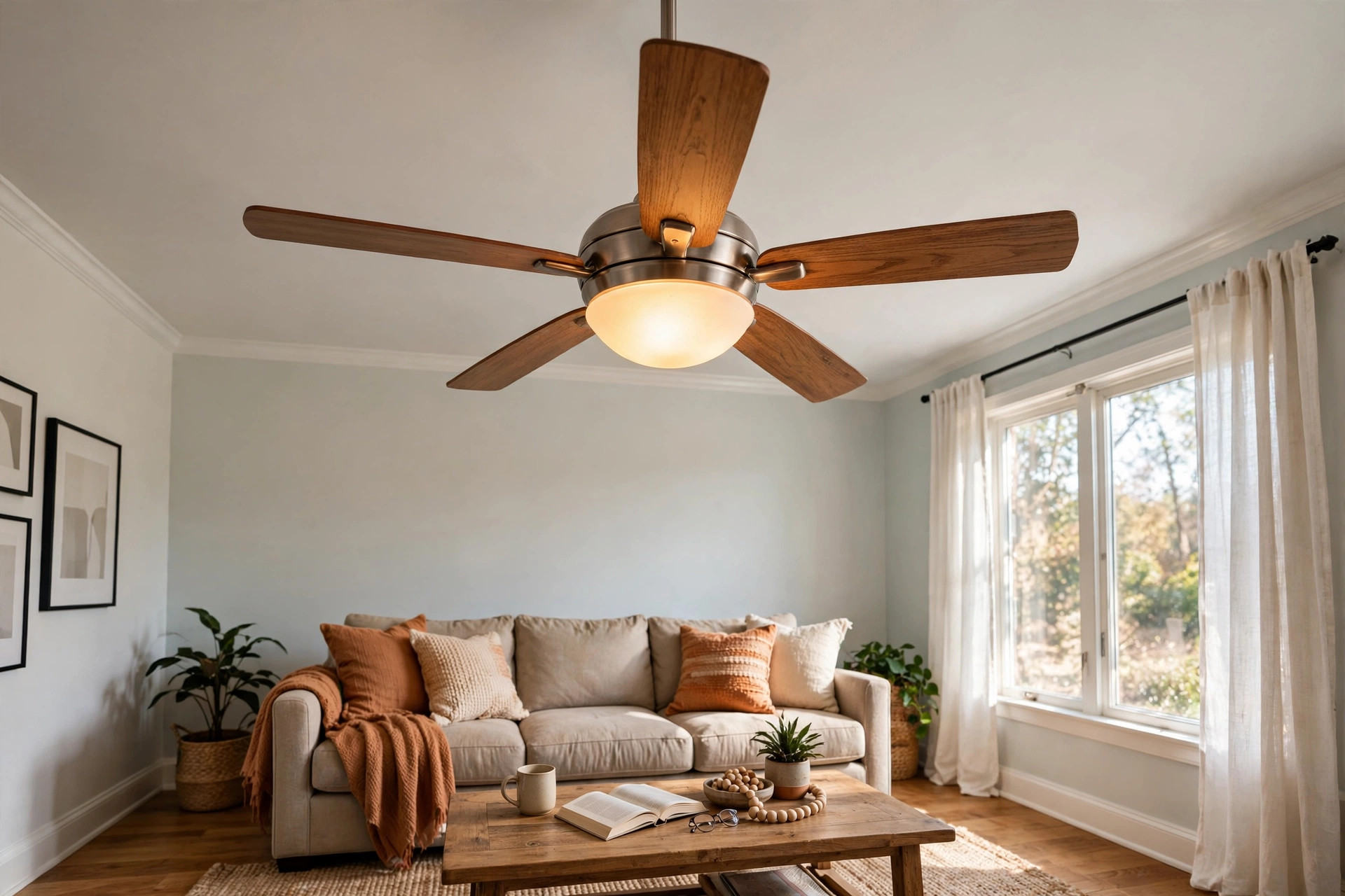 ceiling fans lights buying guide usa: Ceiling fan with lights in a bright American living room