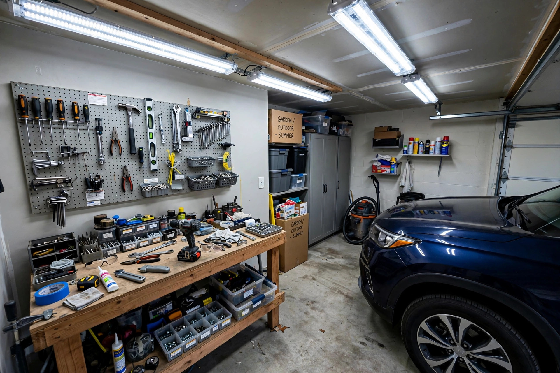 Garage shop lights buying guide USA: bright LED shop lights over a workbench