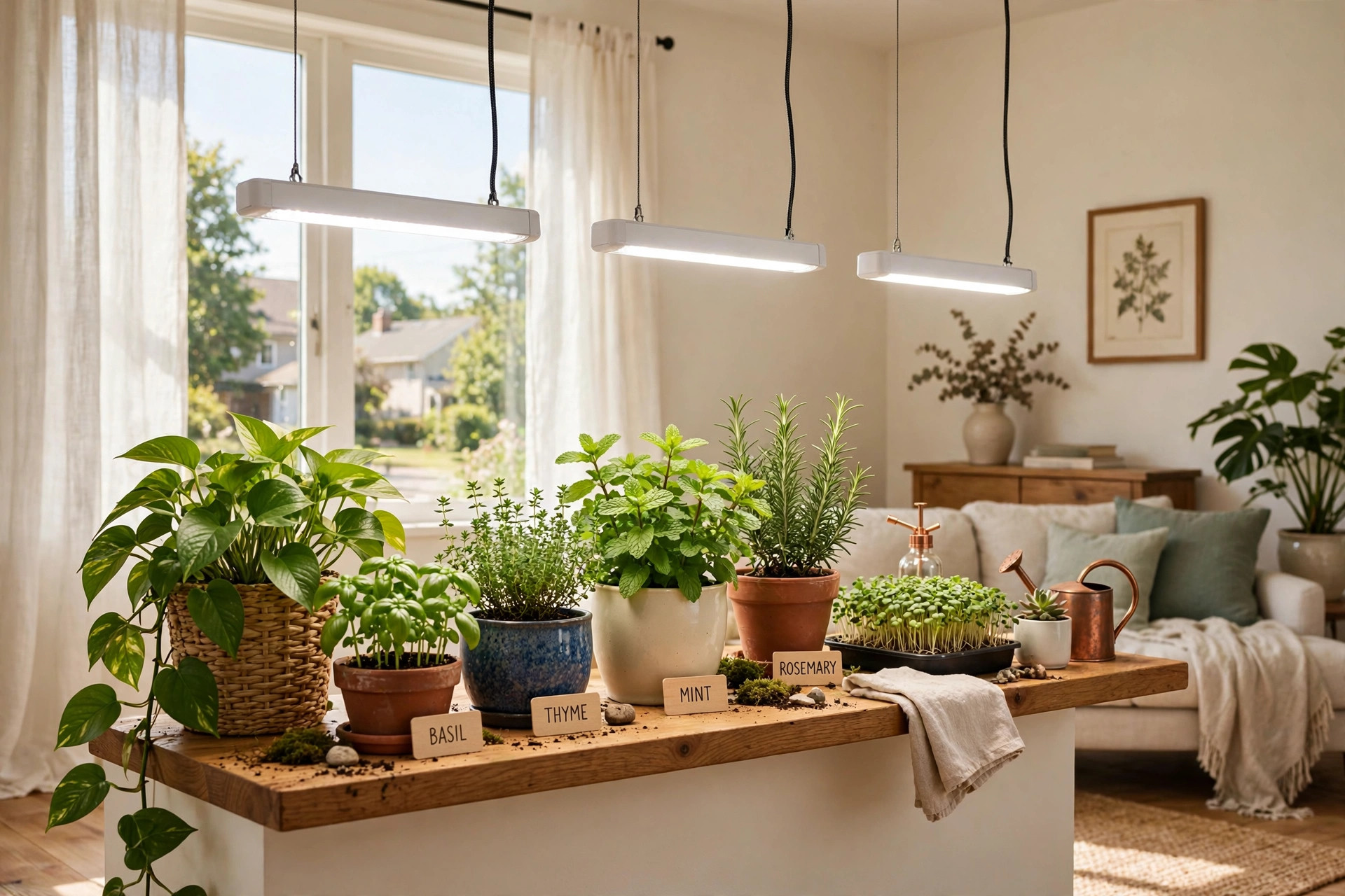 indoor grow lights buying guide usa: Indoor LED grow lights over houseplants in a home