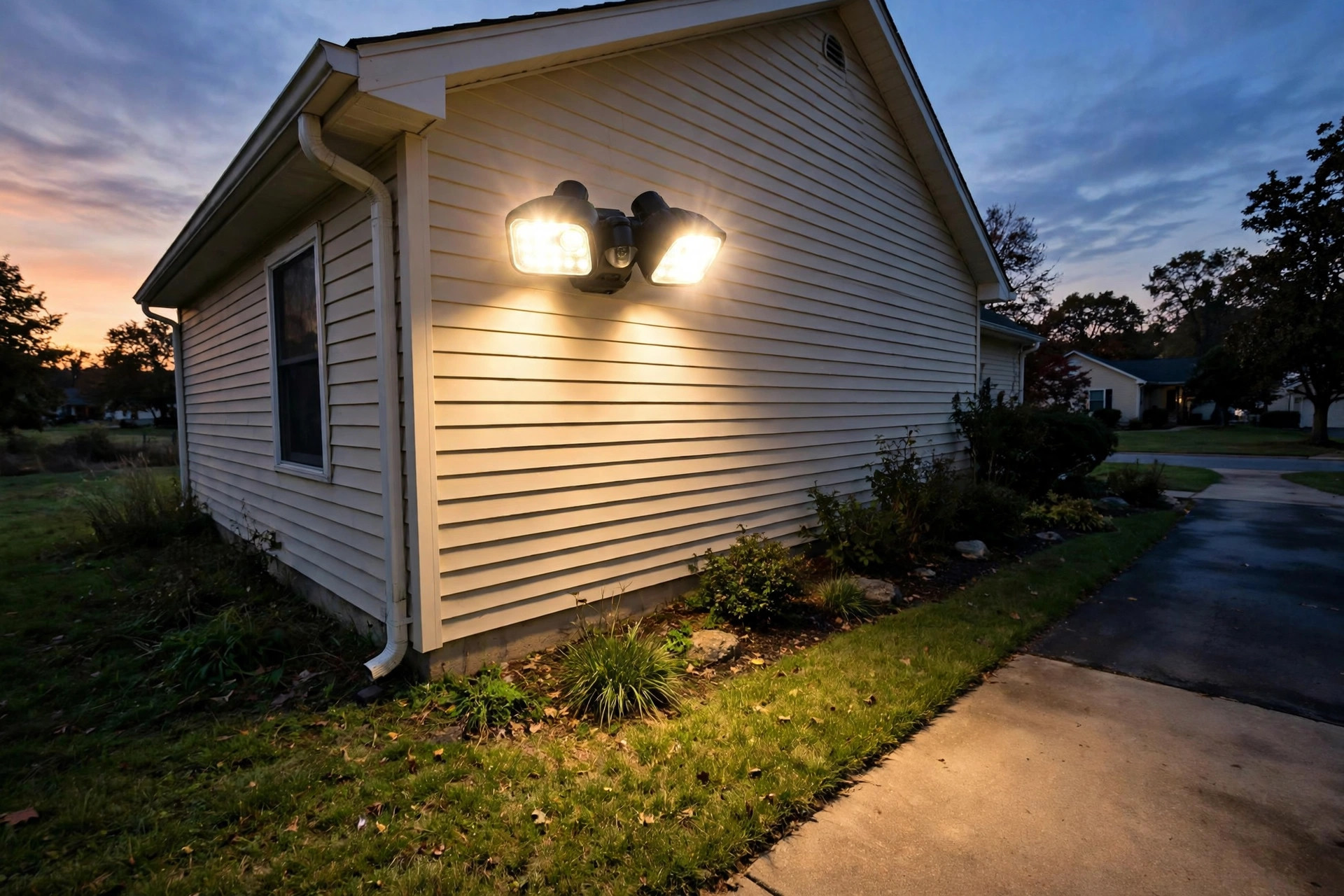 motion flood lights buying guide usa: Motion sensor flood light mounted on an American home exterior at dusk