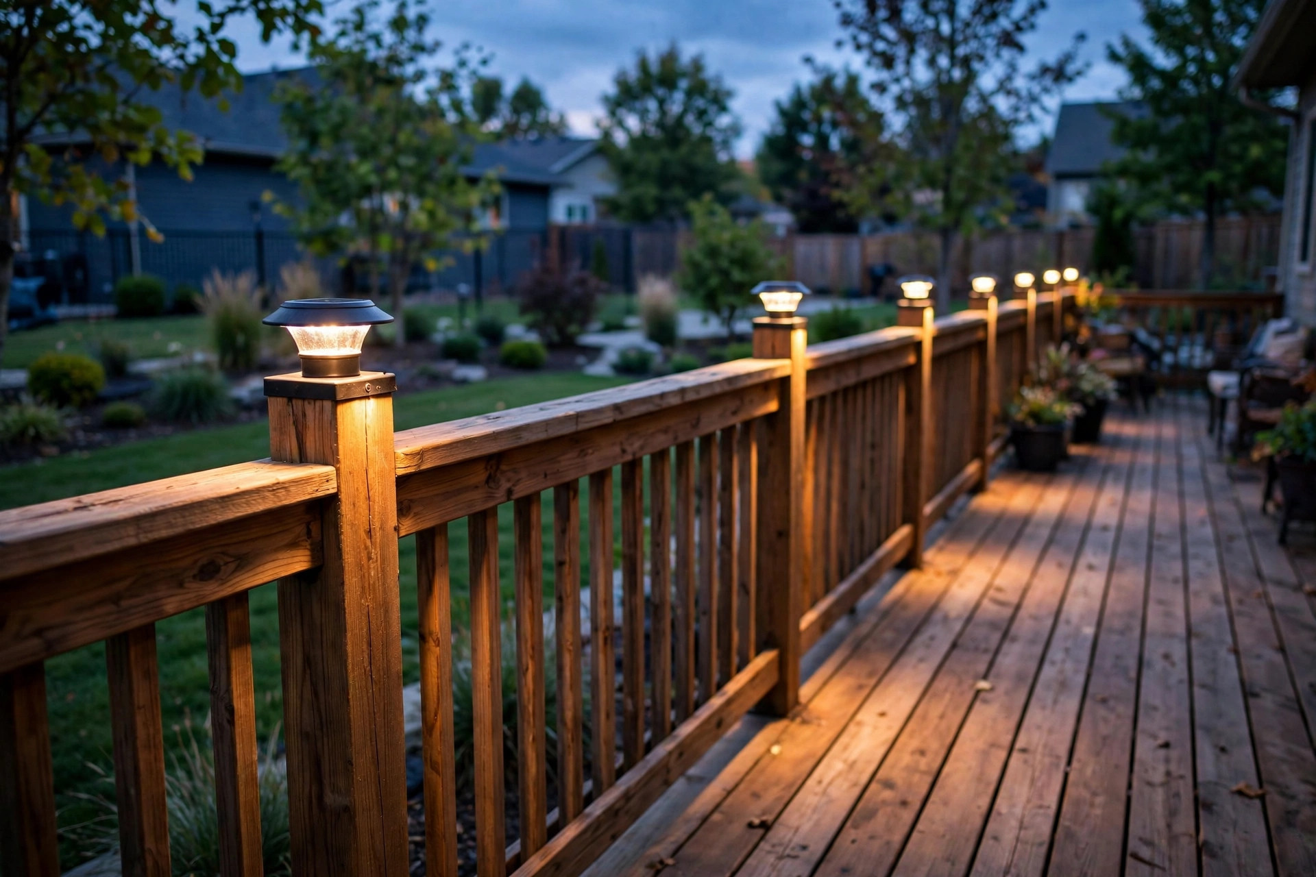 deck cap lights buying guide usa: Deck cap lights glowing on wooden deck post caps at dusk