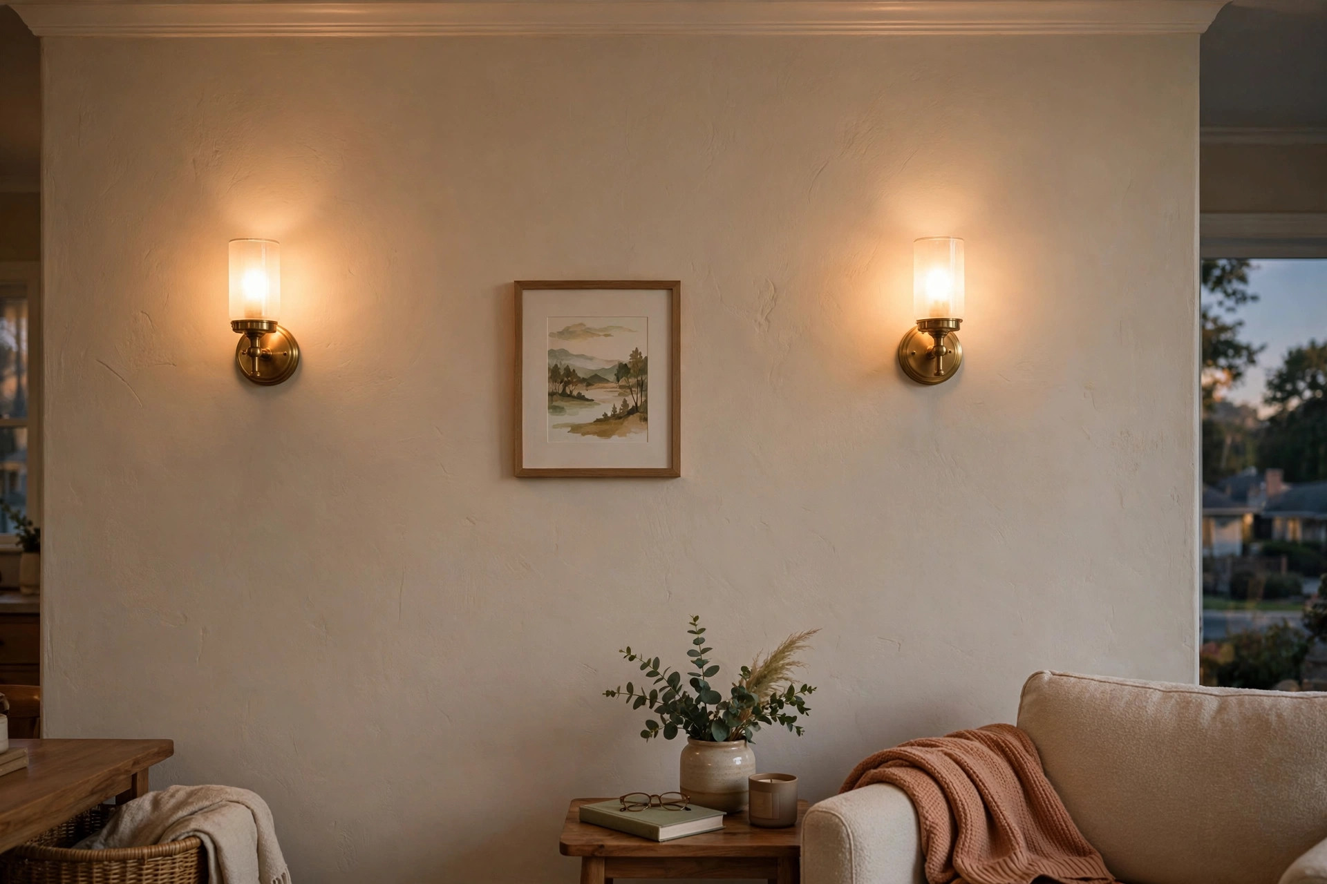 indoor wall sconces buying guide usa: Indoor wall sconces glowing beside a hallway mirror in an American home