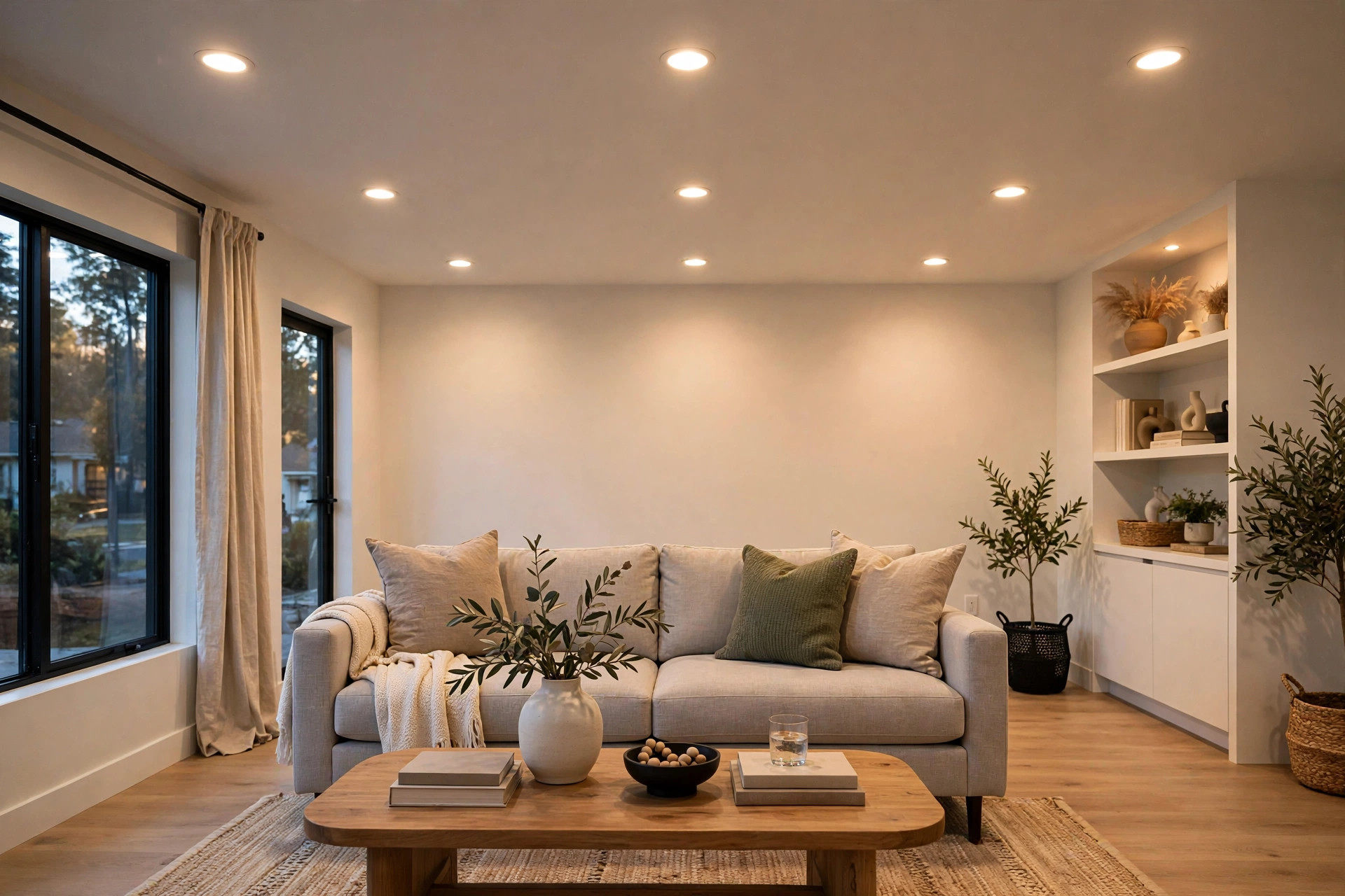 led recessed lights for sale usa: LED recessed lights glowing in a modern American living room ceiling
