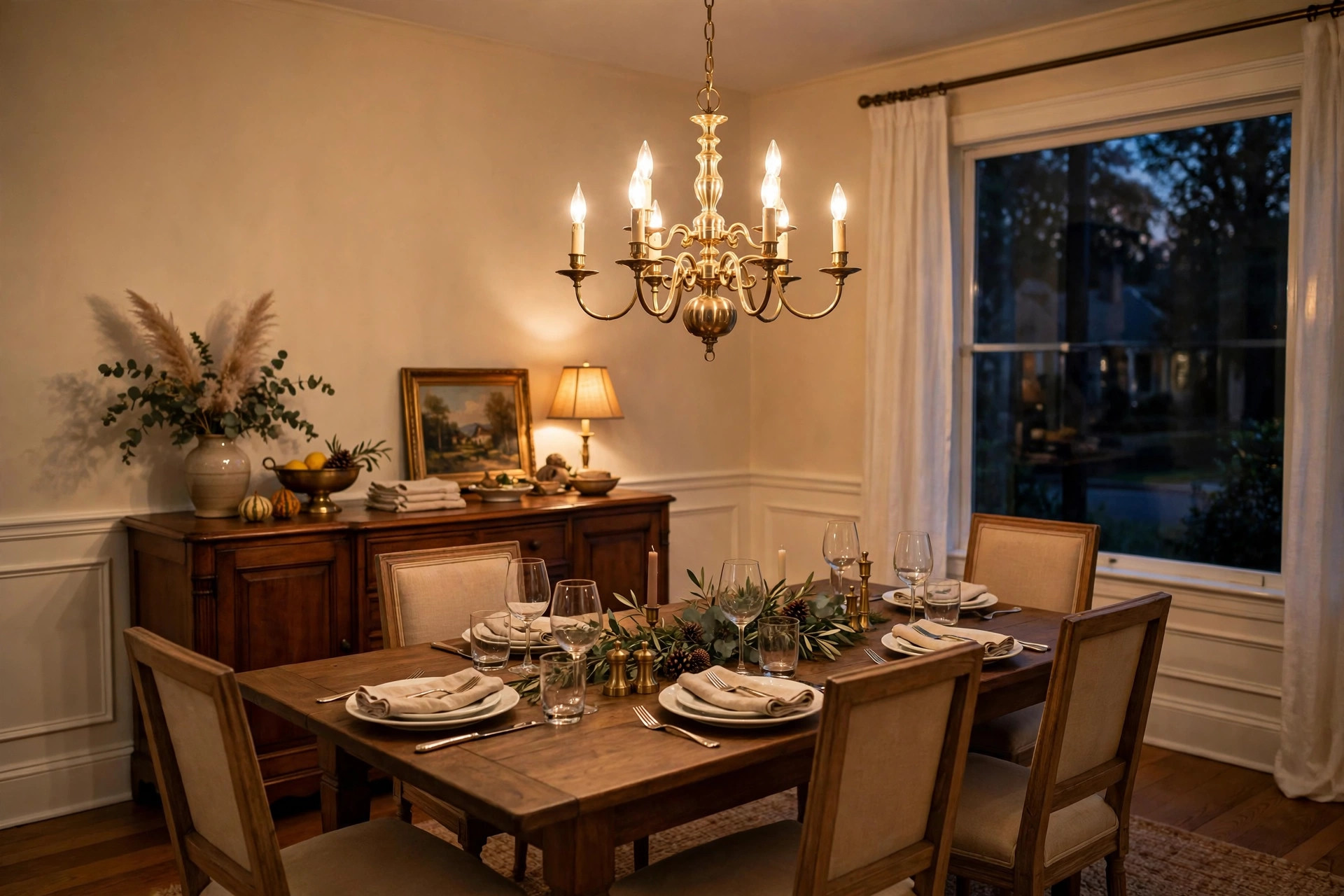 dining room chandeliers for sale usa: Chandelier over a wooden dining table in a dining room