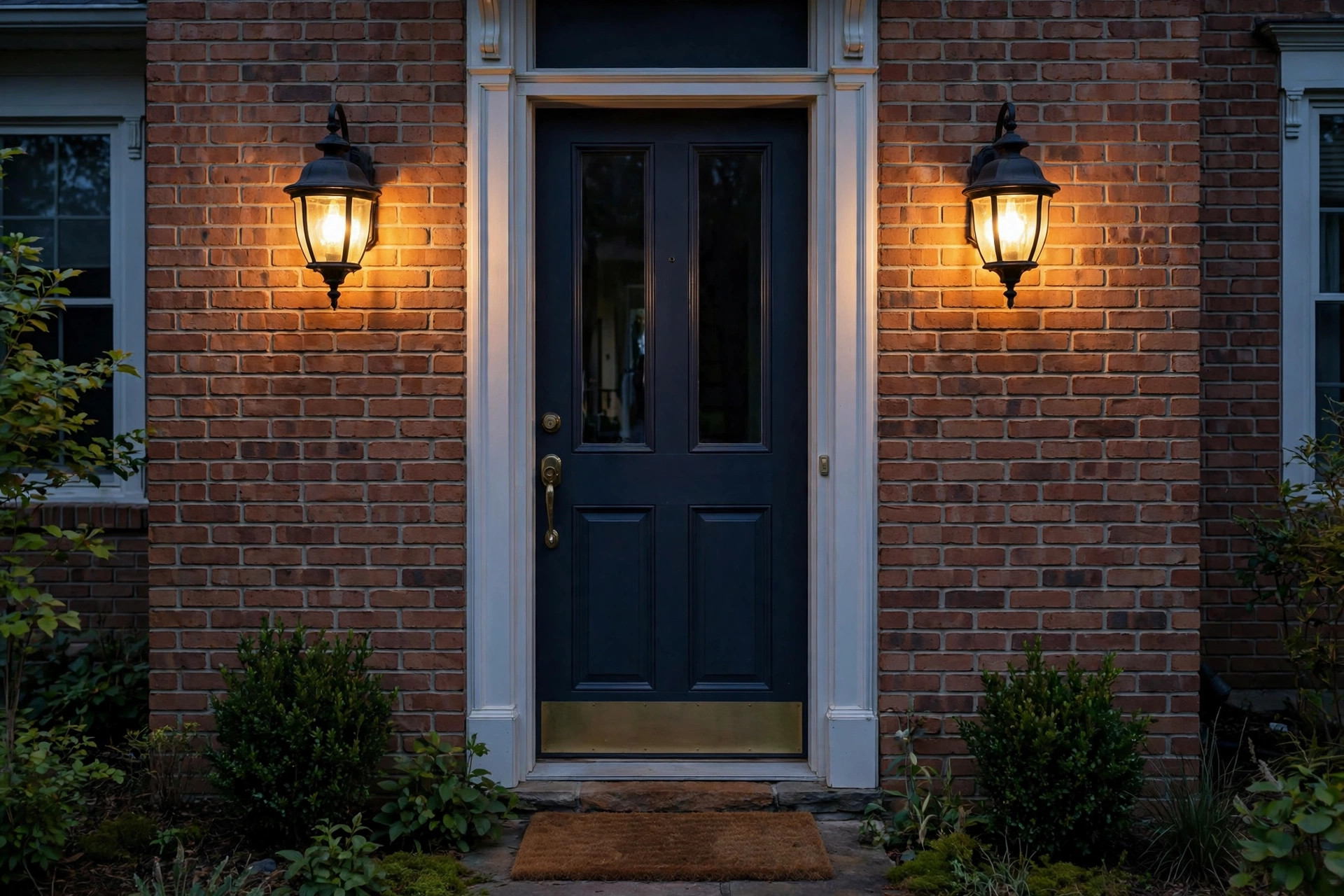 Outdoor wall lanterns for sale USA: glowing lantern sconces beside a front door