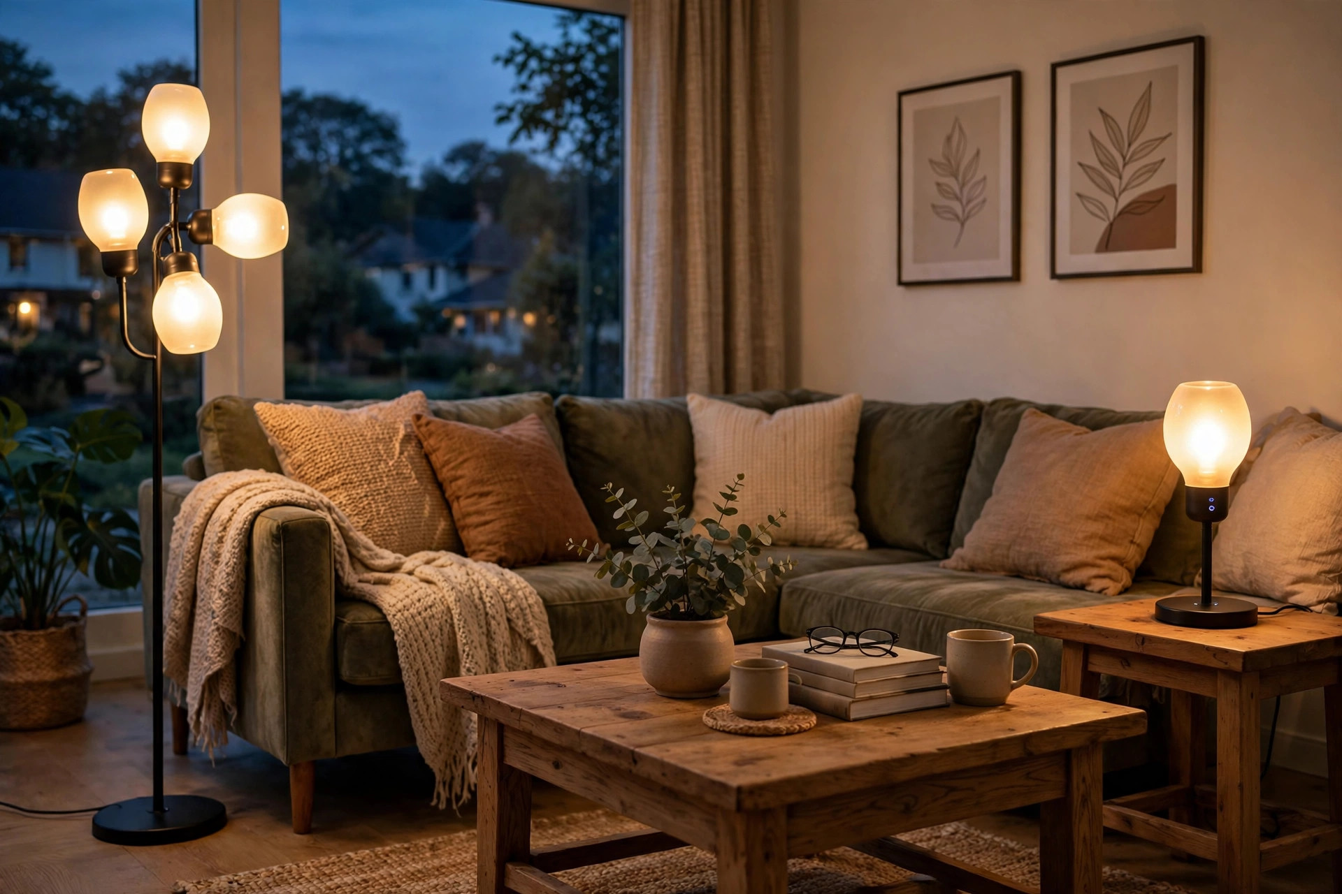 WiFi smart bulbs for sale USA glowing warm white light in an American living room