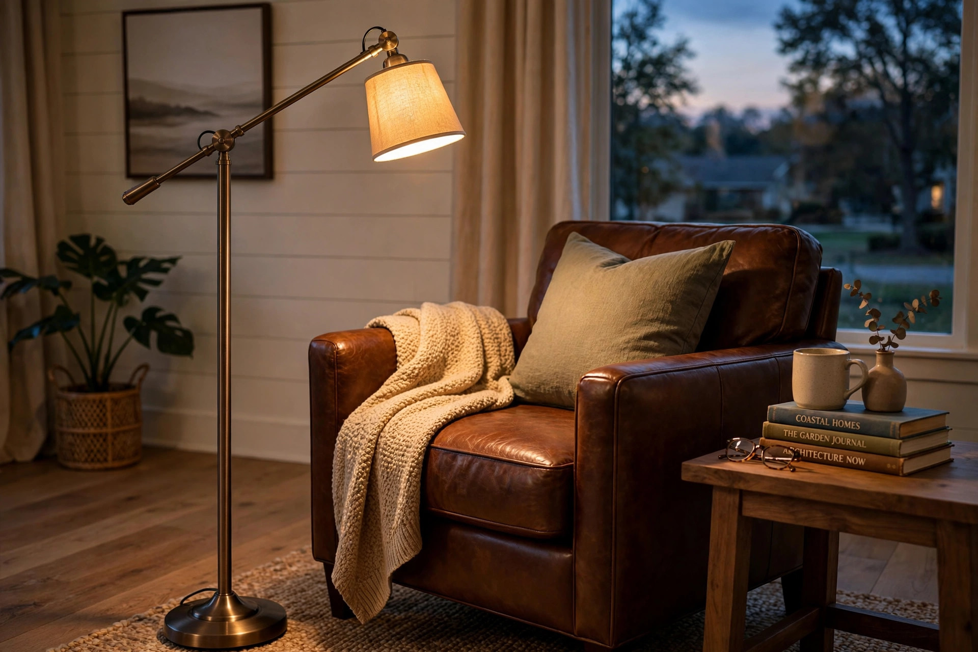 reading floor lamps for sale usa: Reading floor lamp beside an armchair in an American living room