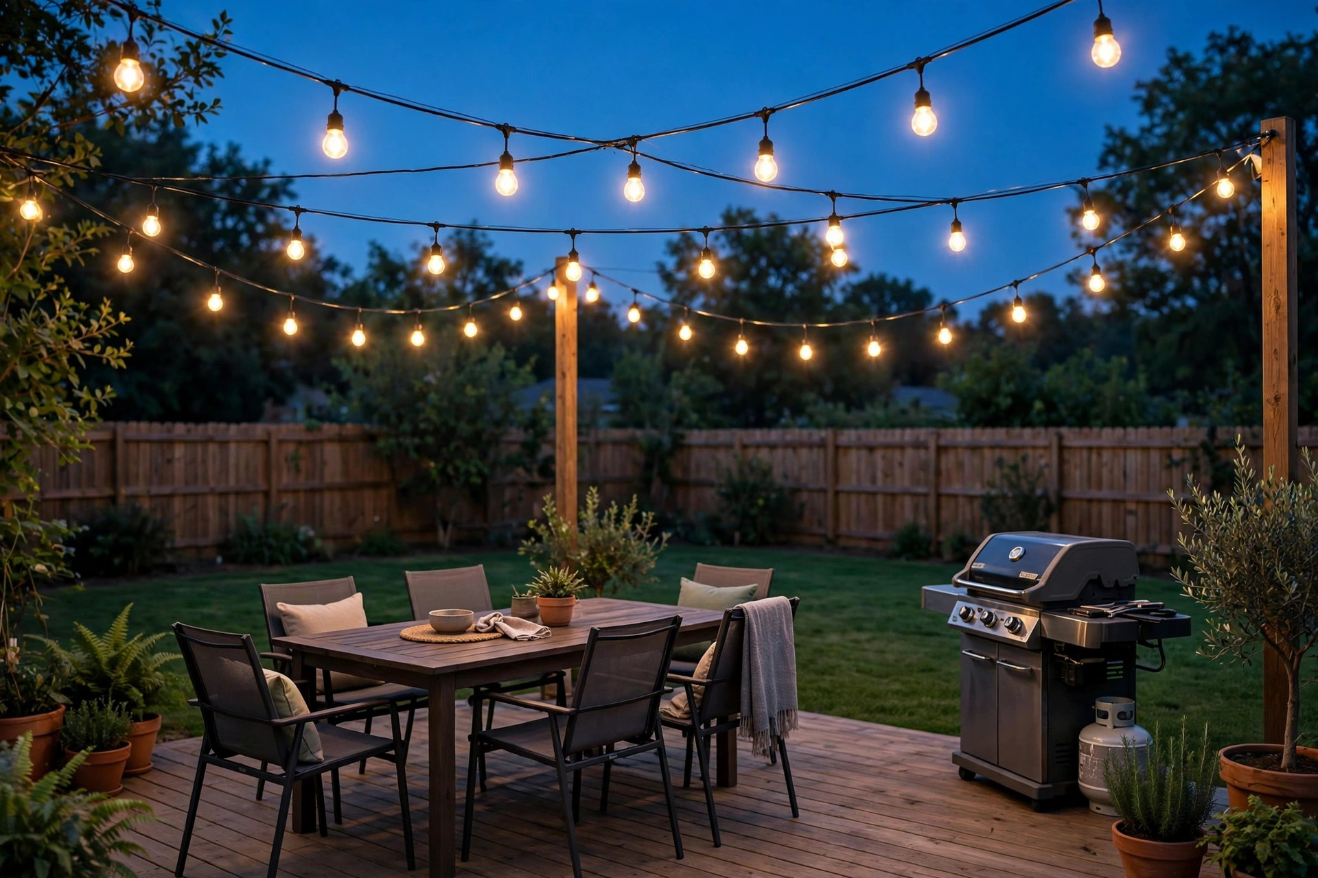patio string lights for sale usa: Warm glowing patio string lights for sale in USA hung above a backyard patio