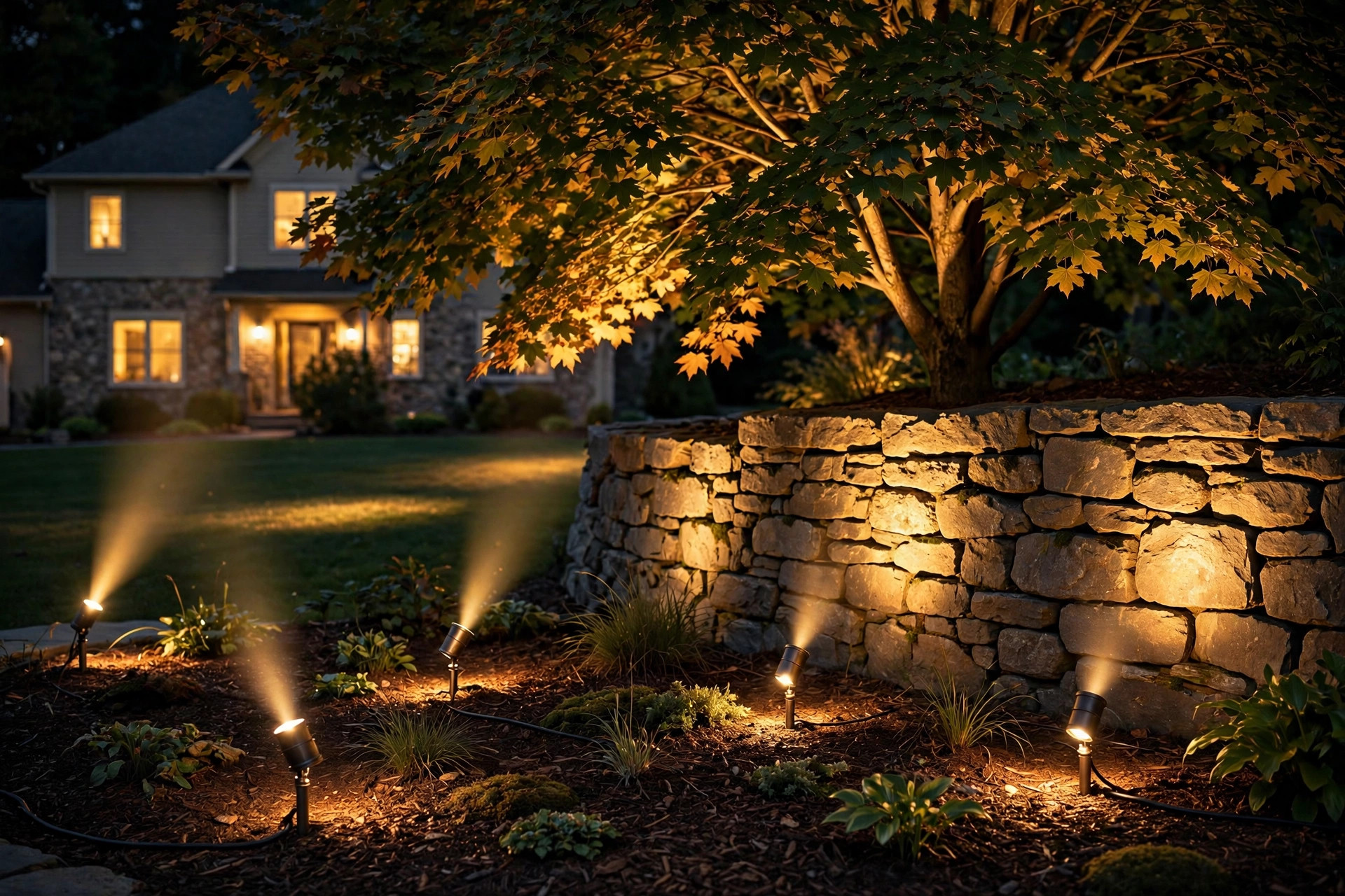 landscape spot lights for sale usa: Landscape spot lights for sale in the USA lighting a garden at night
